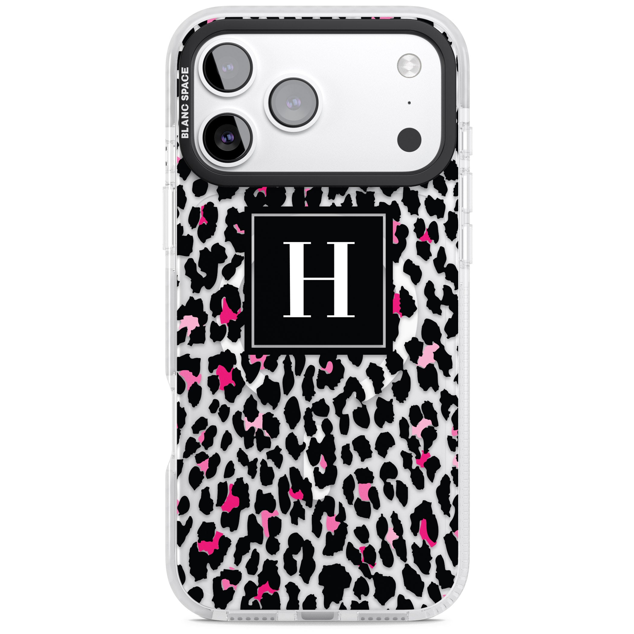 Personalised Clear Pink Leopard Monogram iPhone 17 Pro Impact Pro Clear Phone Case