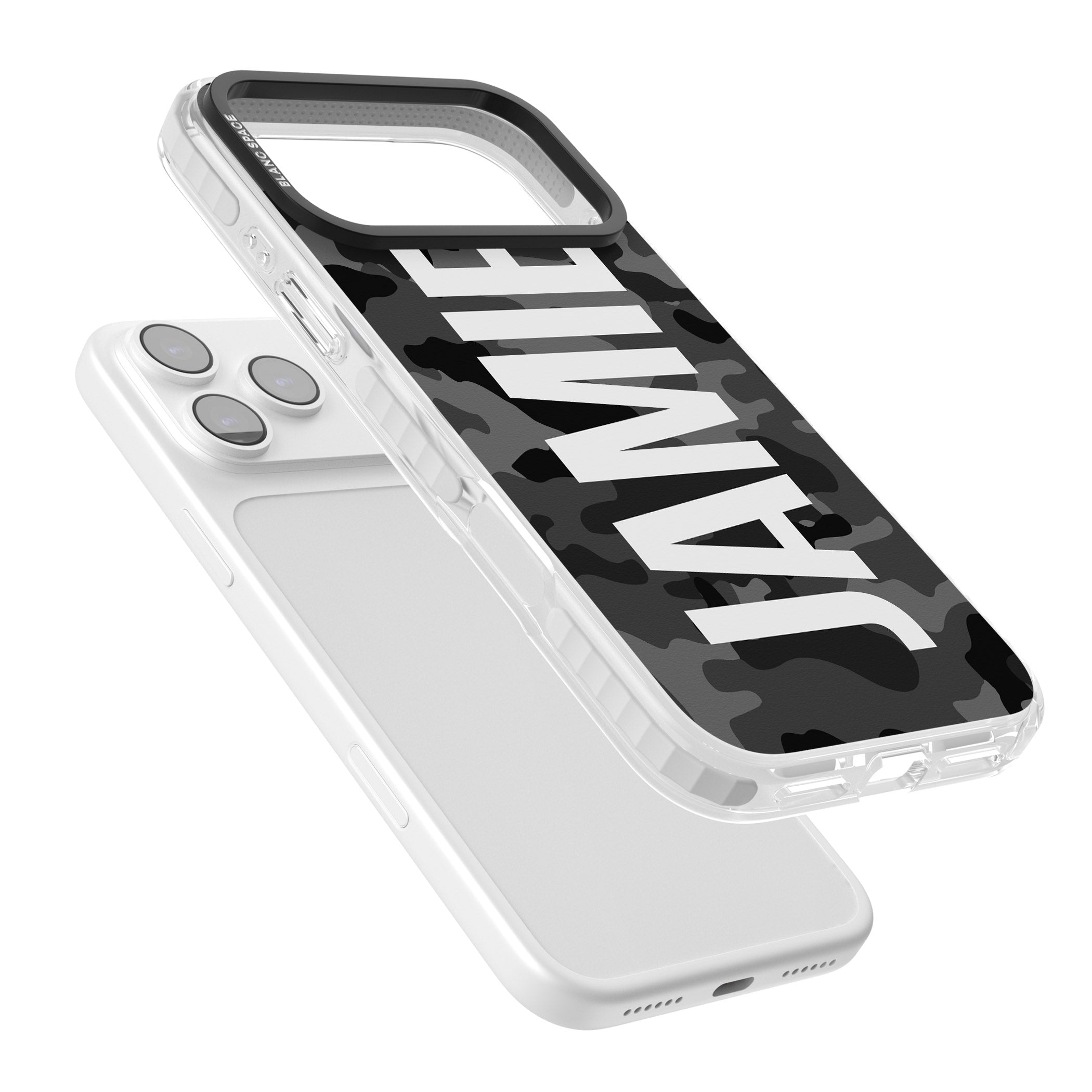 Personalised Black Camo Name Vertical iPhone 17 Pro Impact Pro Clear Phone Case Colours