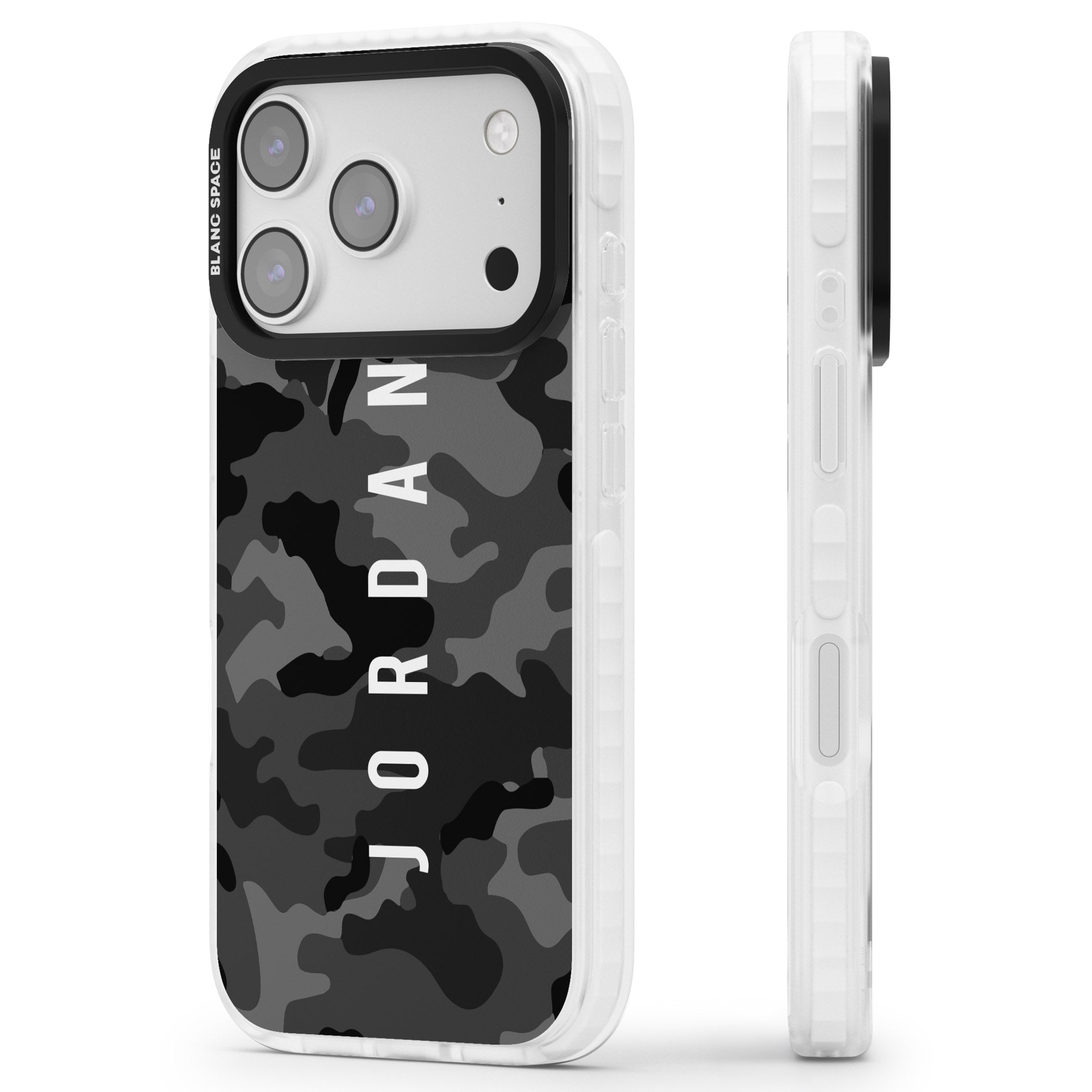 Personalised Black Camouflage Name iPhone 17 Pro Impact Pro Clear Phone Case Side Profile