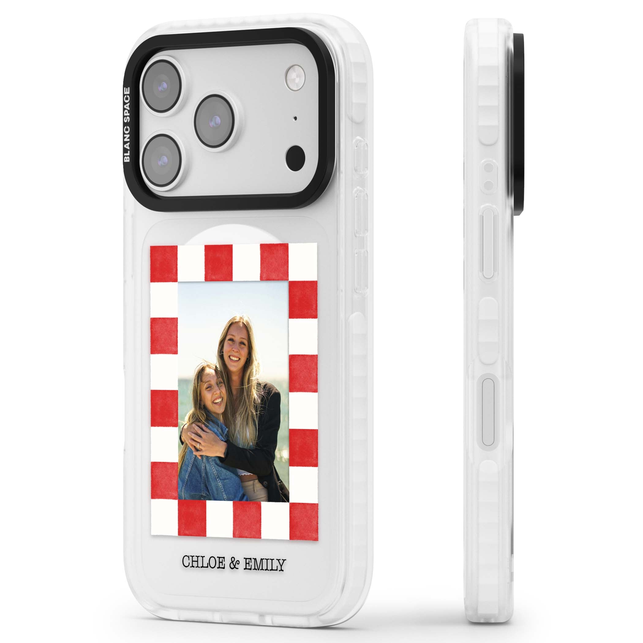 Red Check Photo personalised photo iPhone case with red and white checkered polaroid frame and custom couple name | Impact Magsafe case for iPhone 17 Pro, iPhone 17 Pro Max