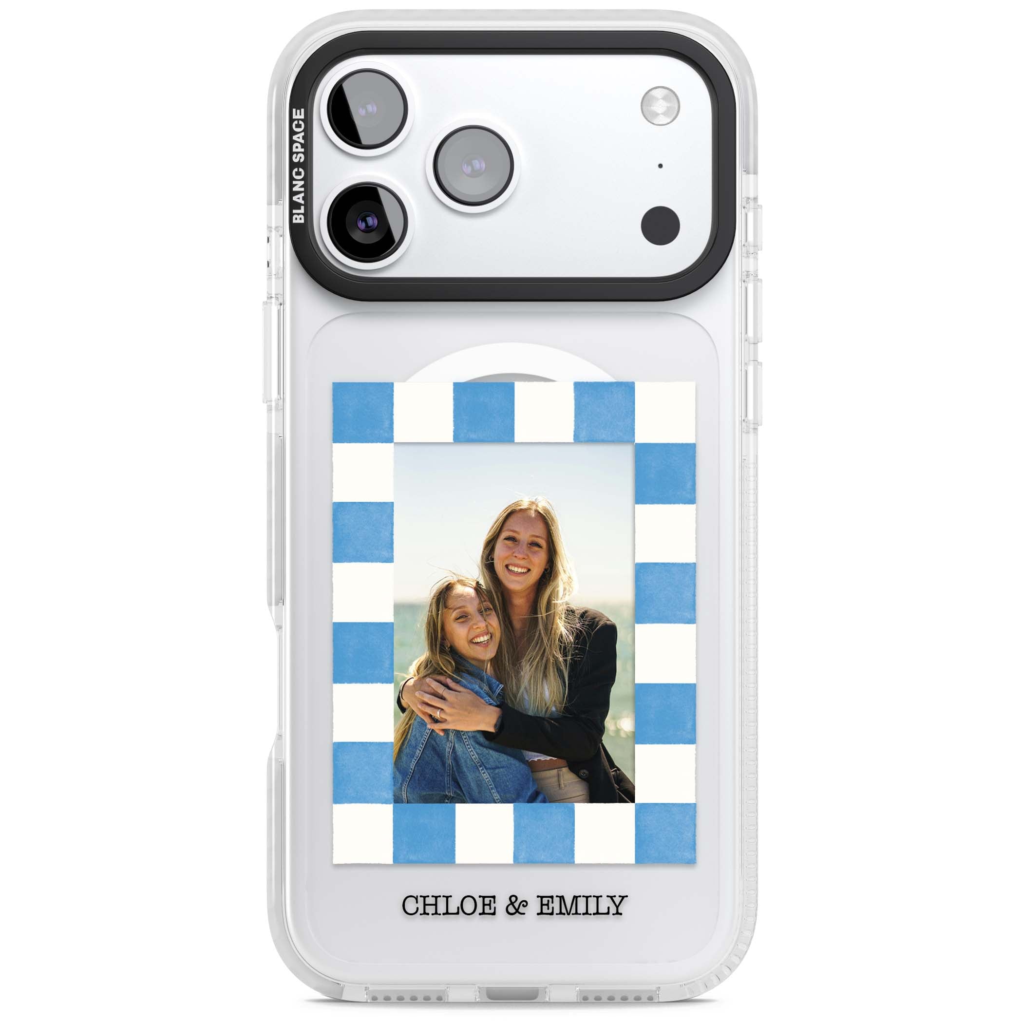 Blue Check Photo personalised photo iPhone case with blue checkered frame and custom couple names | Impact Magsafe case for iPhone 17 Pro, iPhone 17 Pro Max