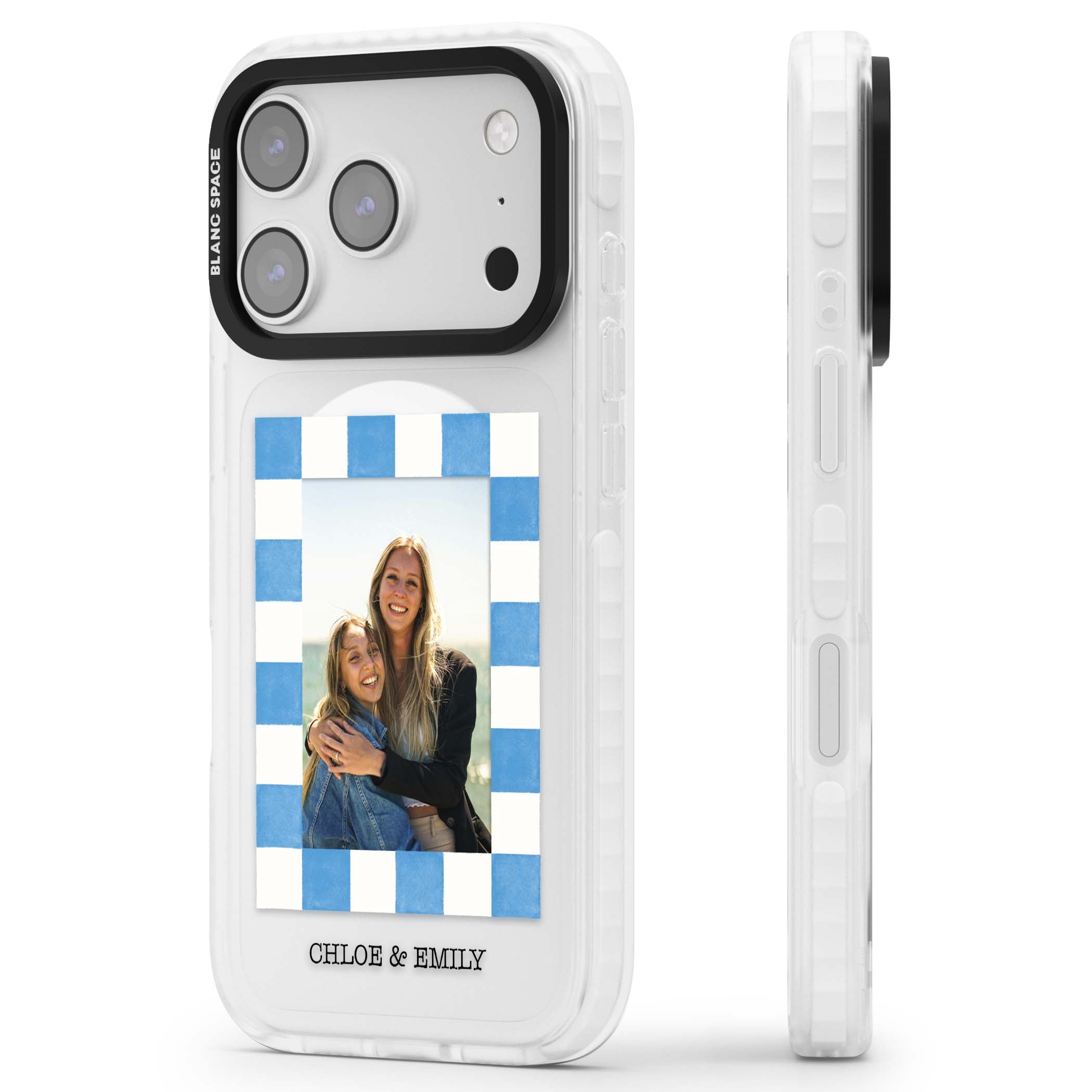 Blue Check Photo personalised photo iPhone case with blue checkered frame and custom couple names | Impact Magsafe case for iPhone 17 Pro, iPhone 17 Pro Max