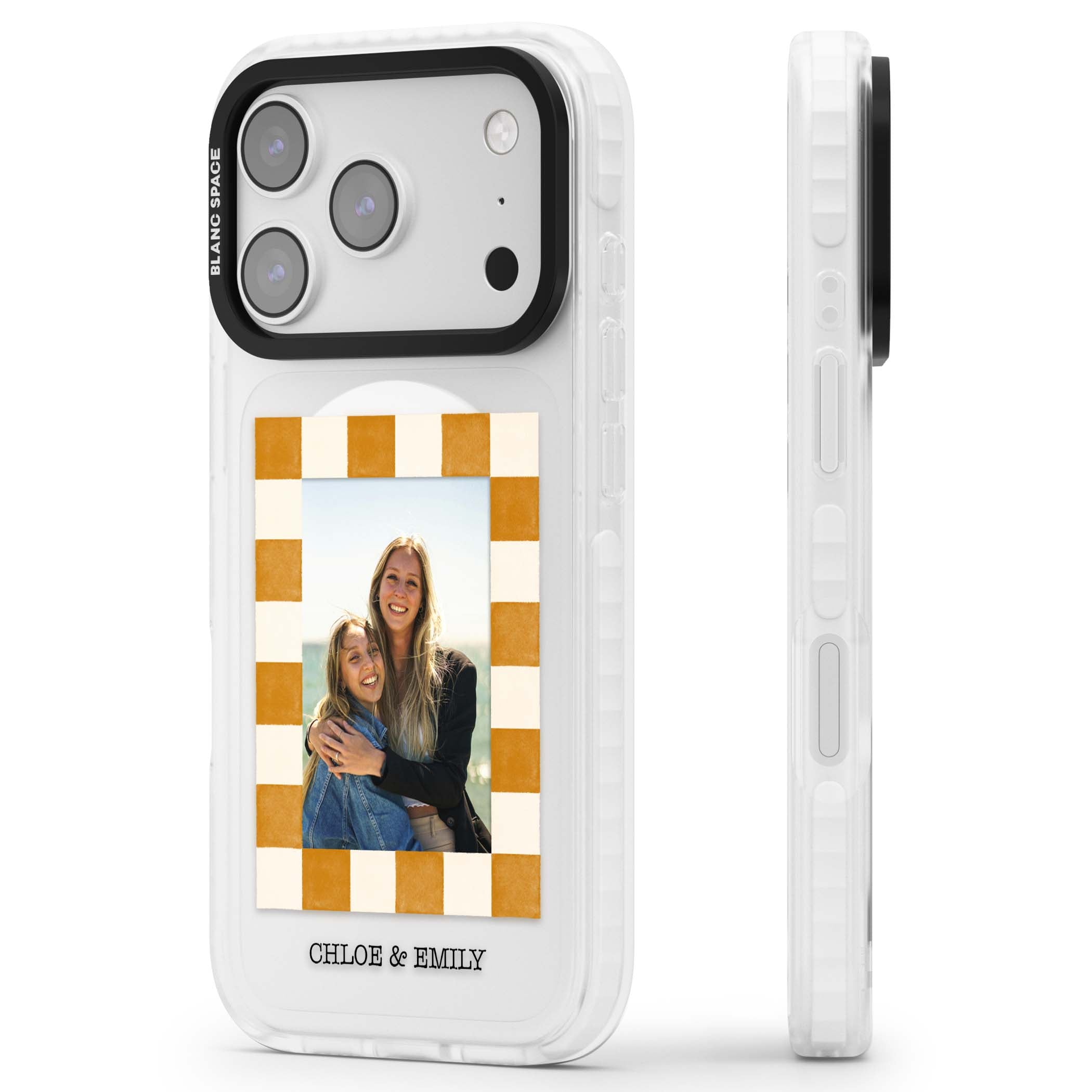 Citrus Check Photo personalised iPhone case with custom photo, orange checkered frame and names underneath | Impact Magsafe case for iPhone 17 Pro, iPhone 17 Pro Max