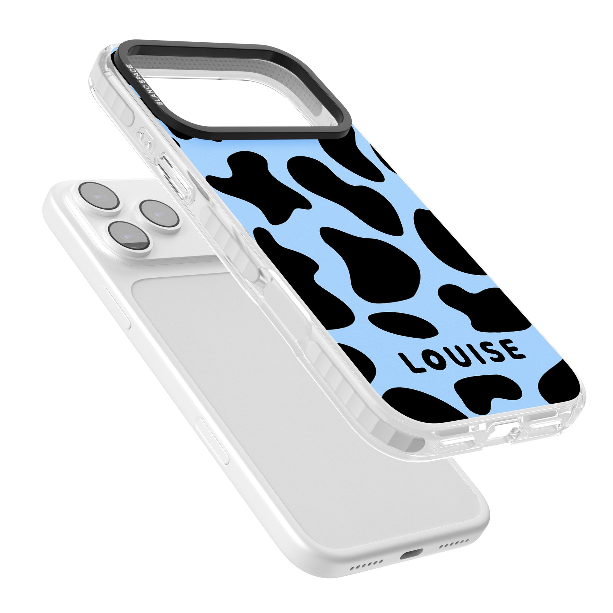 Personalised Blue And Black Cow Print iPhone 17 Pro Impact Pro Clear Phone Case Colours