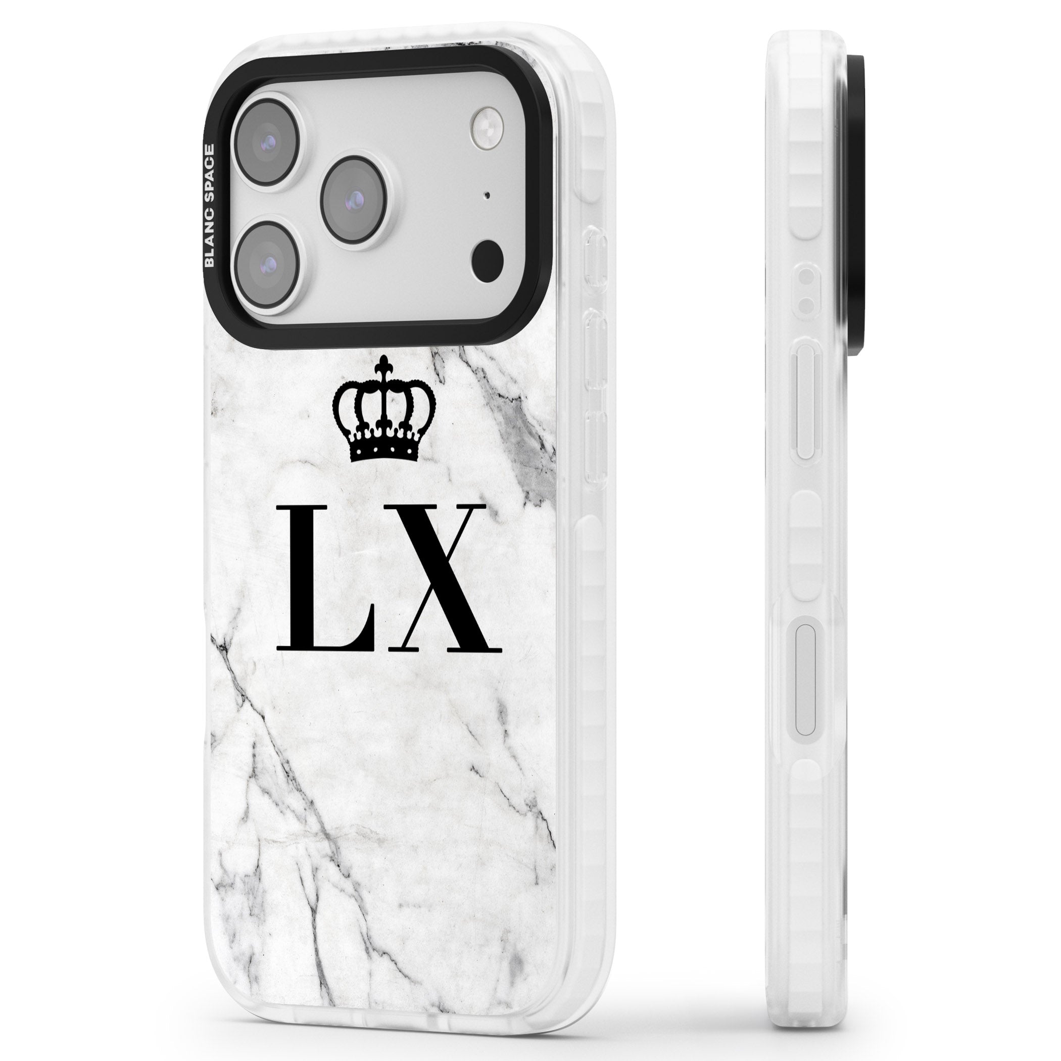 Personalised Initial Crown Marble iPhone 17 Pro Impact Pro Clear Phone Case Side Profile