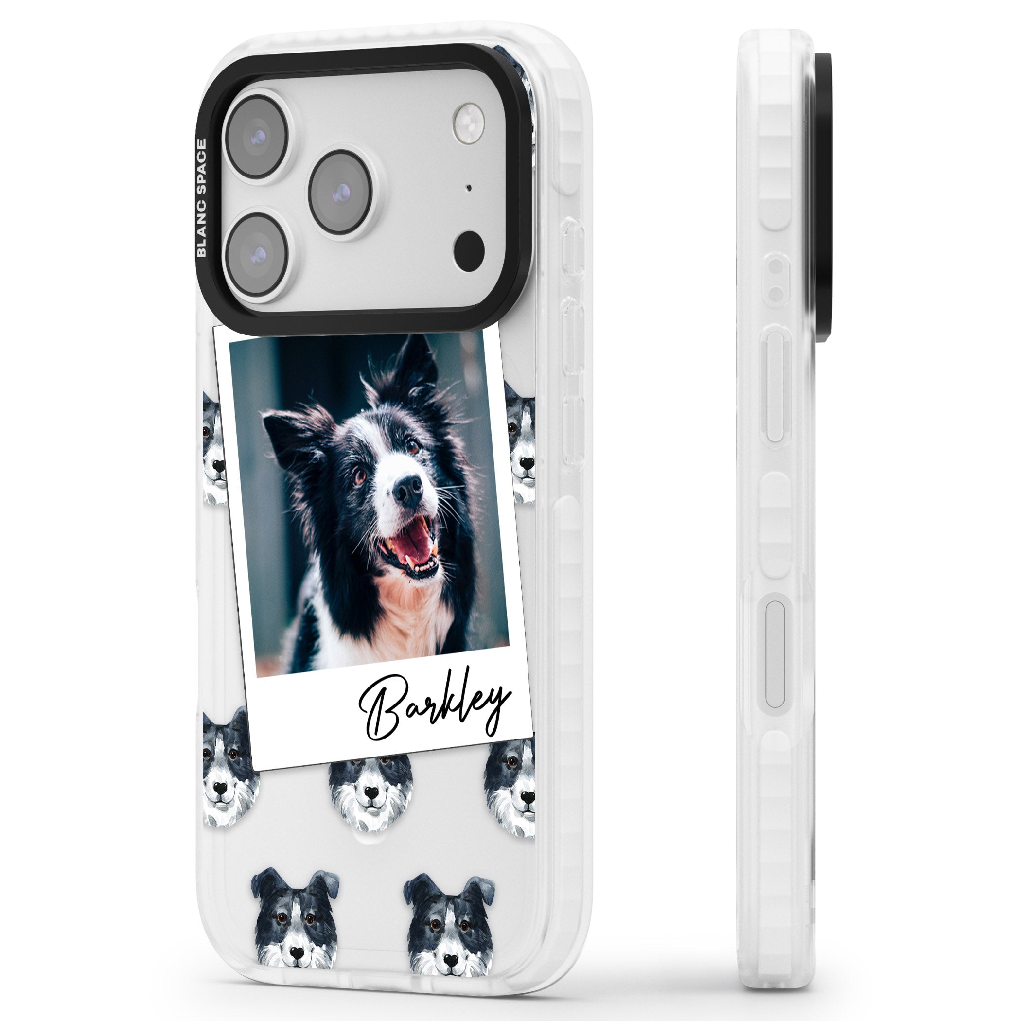 Personalised Border Collie Instant Camera Photo iPhone 17 Pro Impact Pro Clear Phone Case Side Profile