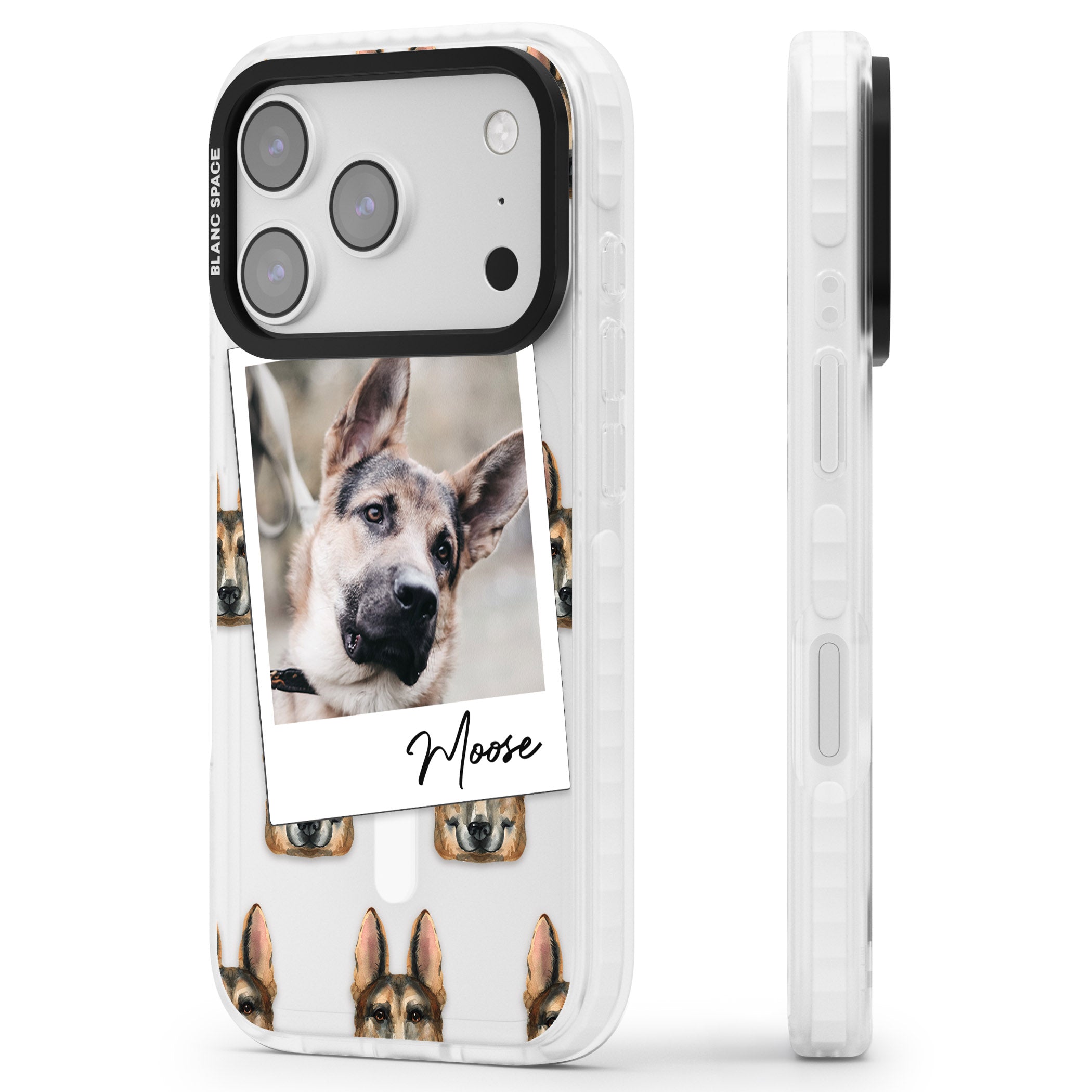 Personalised German Shepherd Instant Camera Photo iPhone 17 Pro Impact Pro Clear Phone Case Side Profile