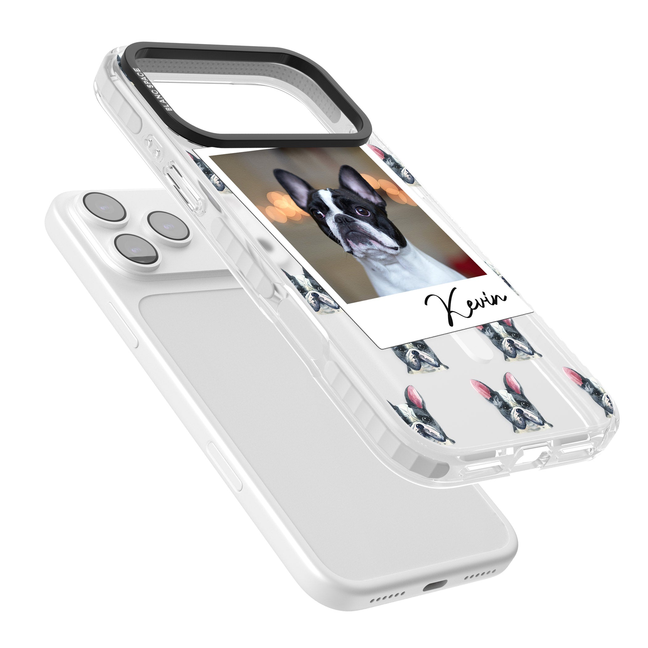 Personalised Black & White French Bulldog Instant Camera Photo iPhone 17 Pro Impact Pro Clear Phone Case Colours