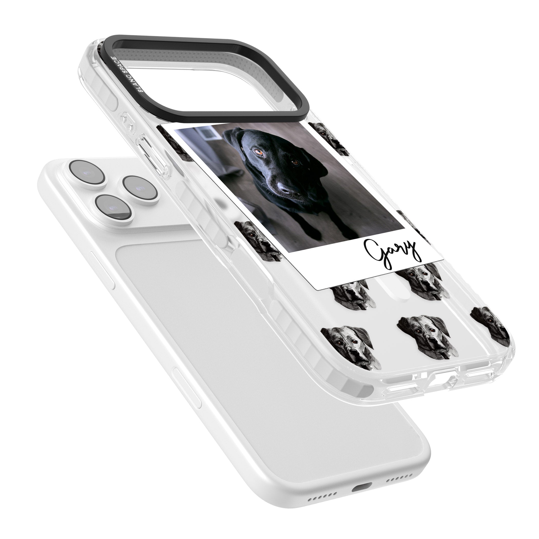 Personalised Black Labrador Instant Camera Photo iPhone 17 Pro Impact Pro Clear Phone Case Colours