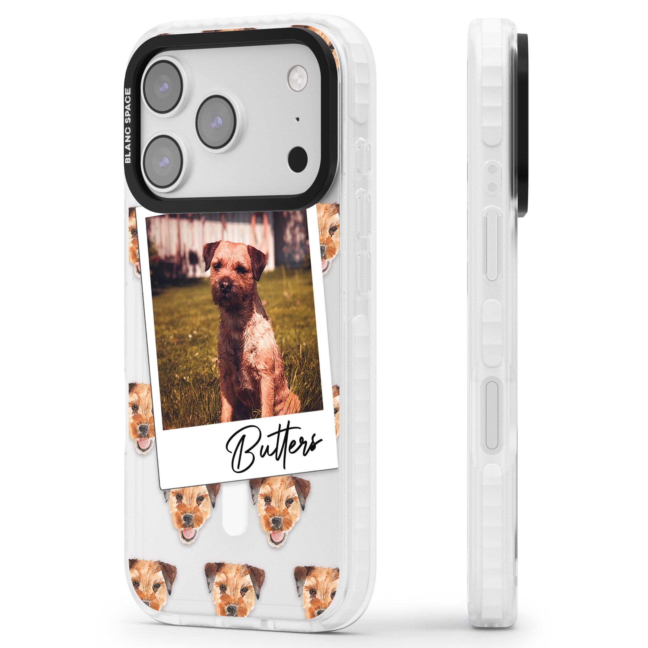 Personalised Border Terrier Instant Camera Photo iPhone 17 Pro Impact Pro Clear Phone Case Side Profile