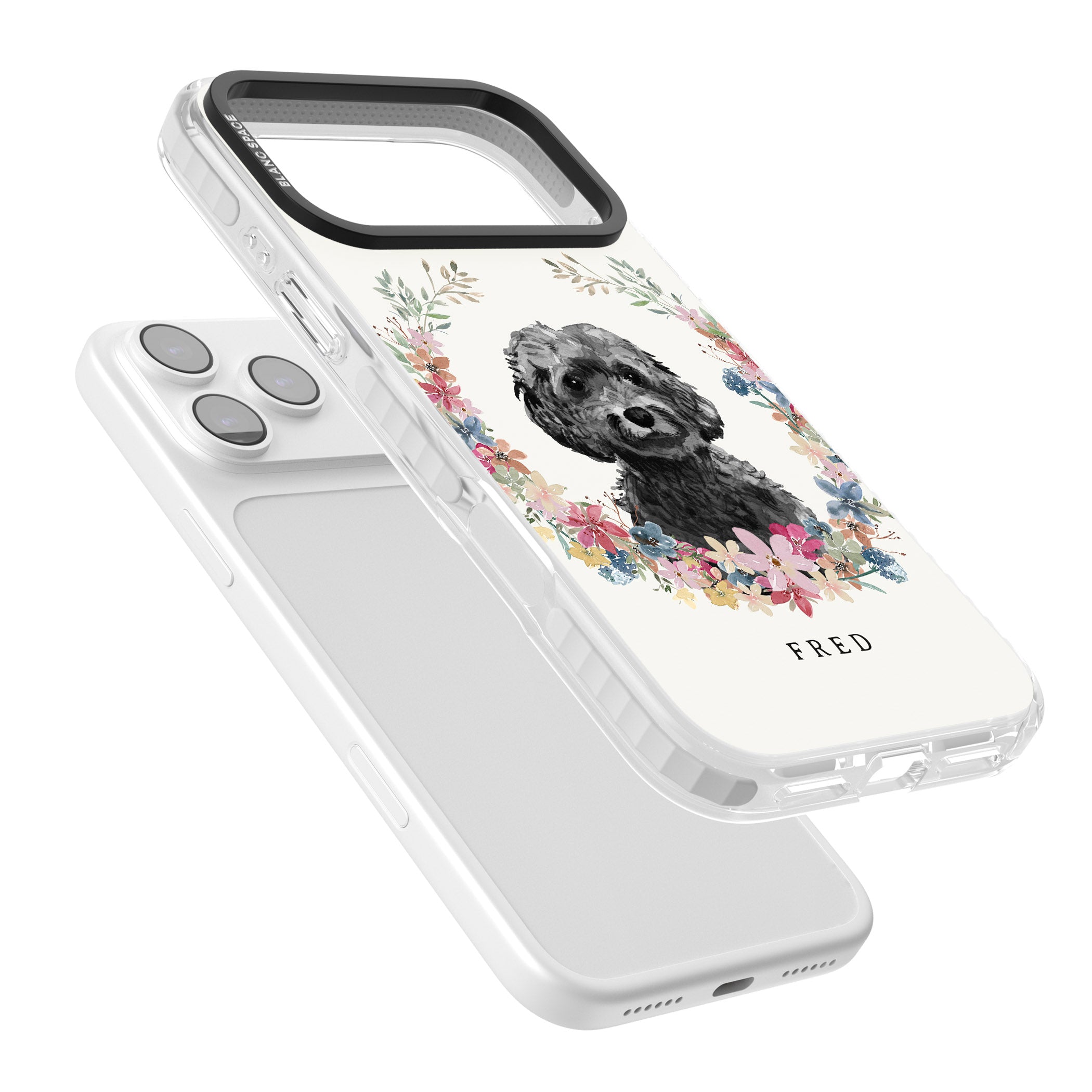 Personalised Black Cockapoo Floral Portrait iPhone 17 Pro Impact Pro Clear Phone Case Colours