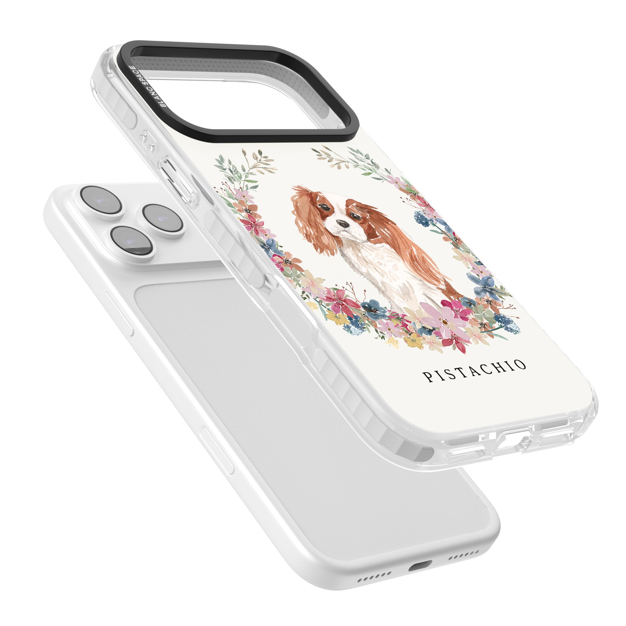 Personalised Cavalier King Charles Floral Portrait iPhone 17 Pro Impact Pro Clear Phone Case Colours