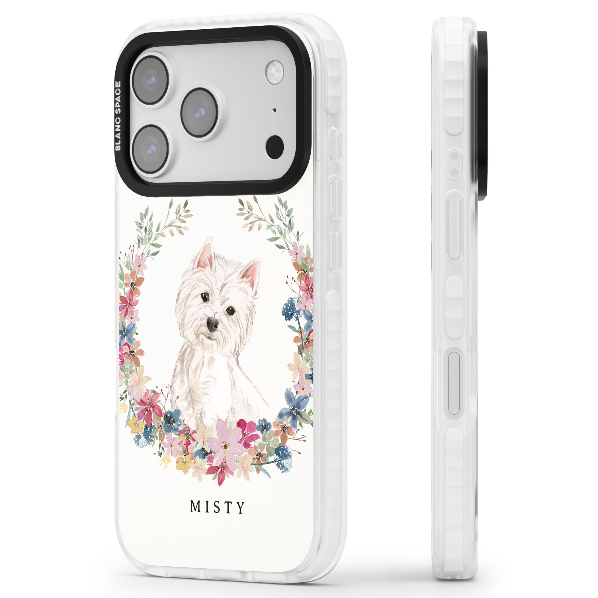 Personalised Westie Floral Portrait iPhone 17 Pro Impact Pro Clear Phone Case Side Profile
