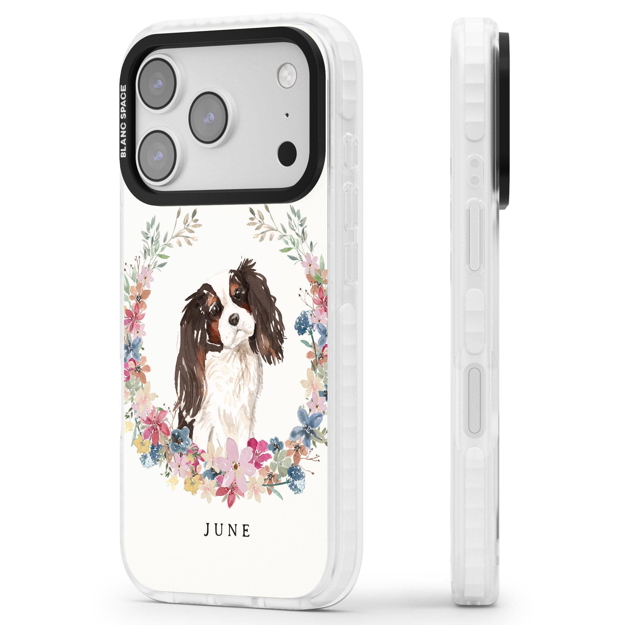 Personalised King Charles Floral Portrait iPhone 17 Pro Impact Pro Clear Phone Case Side Profile