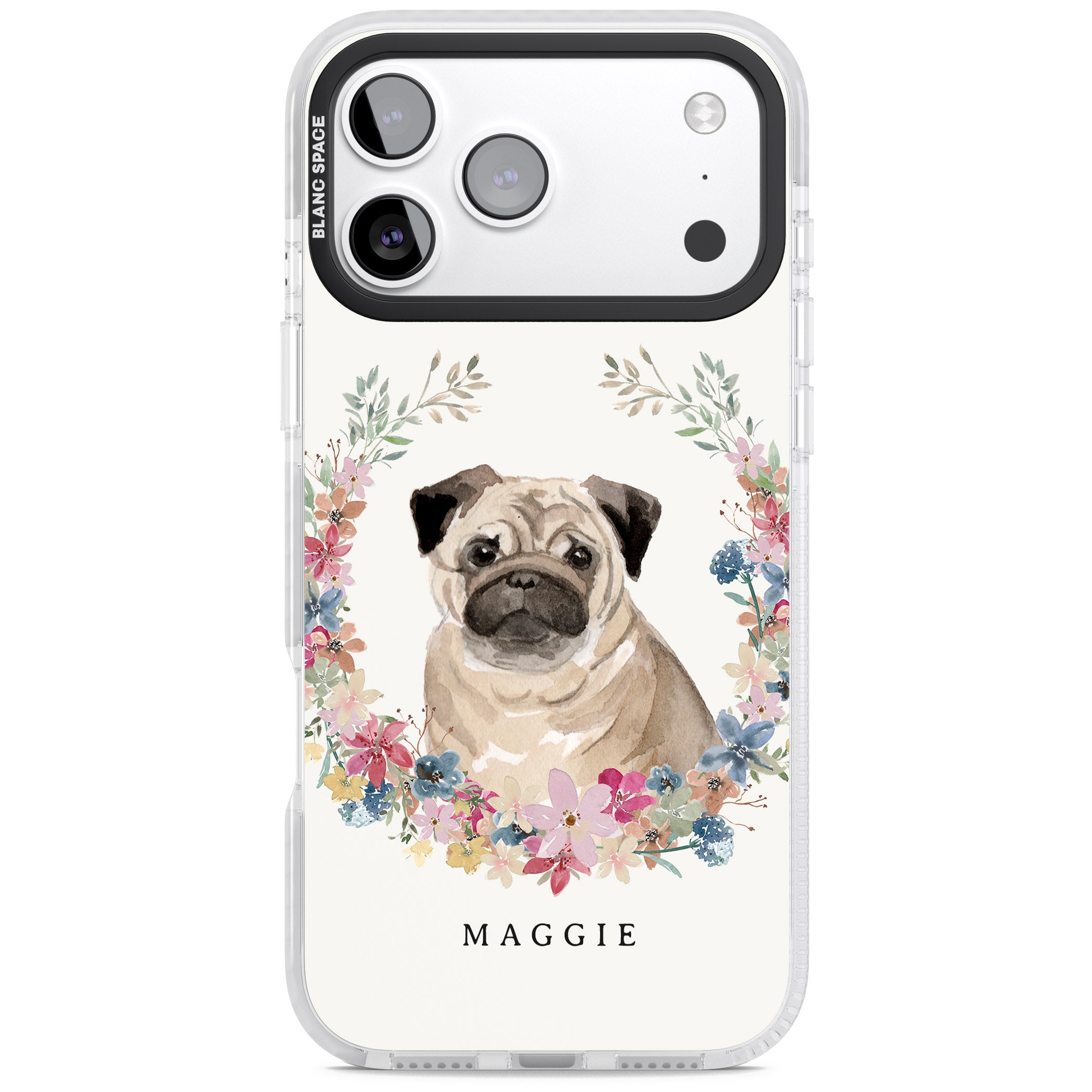 Personalised Pug Floral Portrait iPhone 17 Pro Impact Pro Clear Phone Case