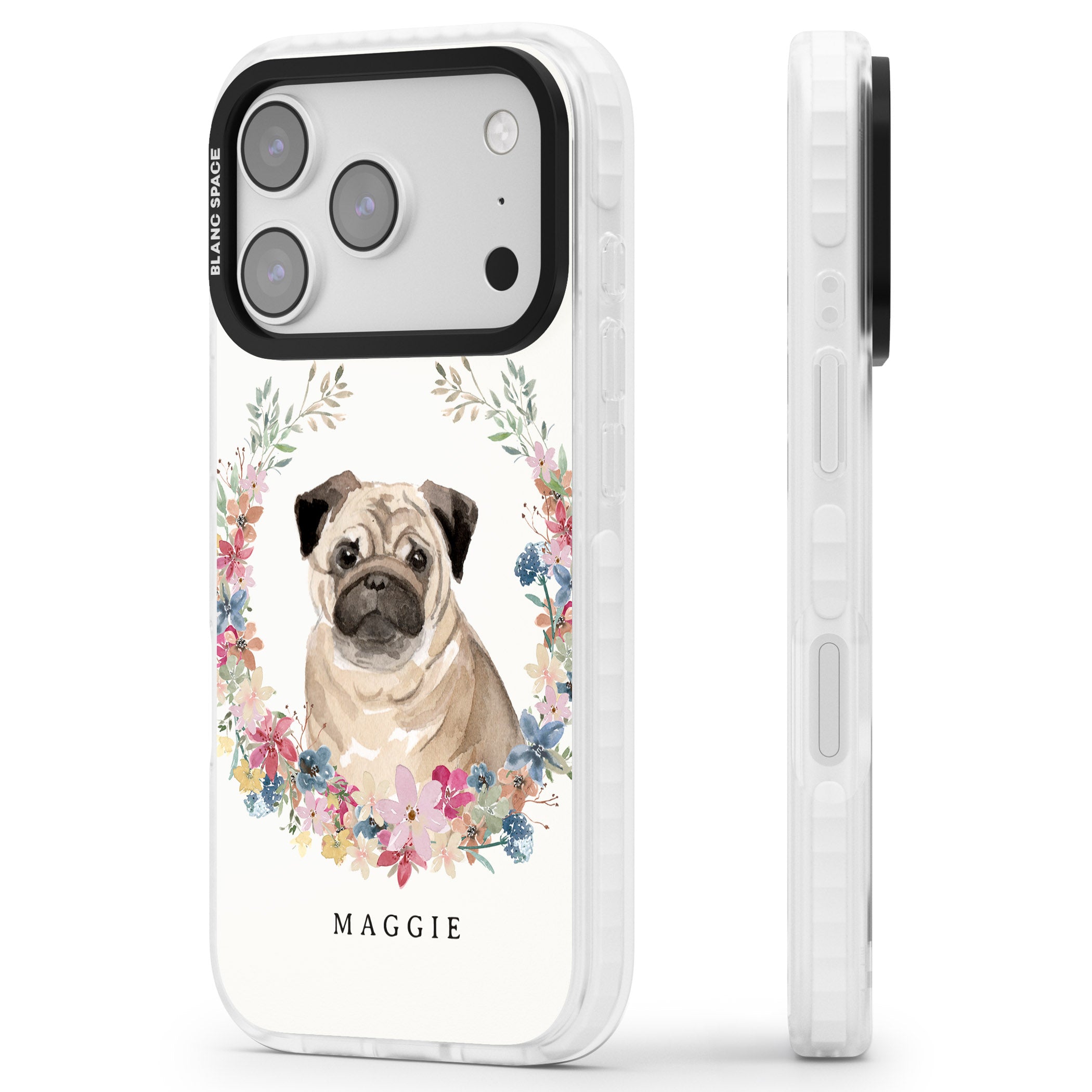 Personalised Pug Floral Portrait iPhone 17 Pro Impact Pro Clear Phone Case Side Profile