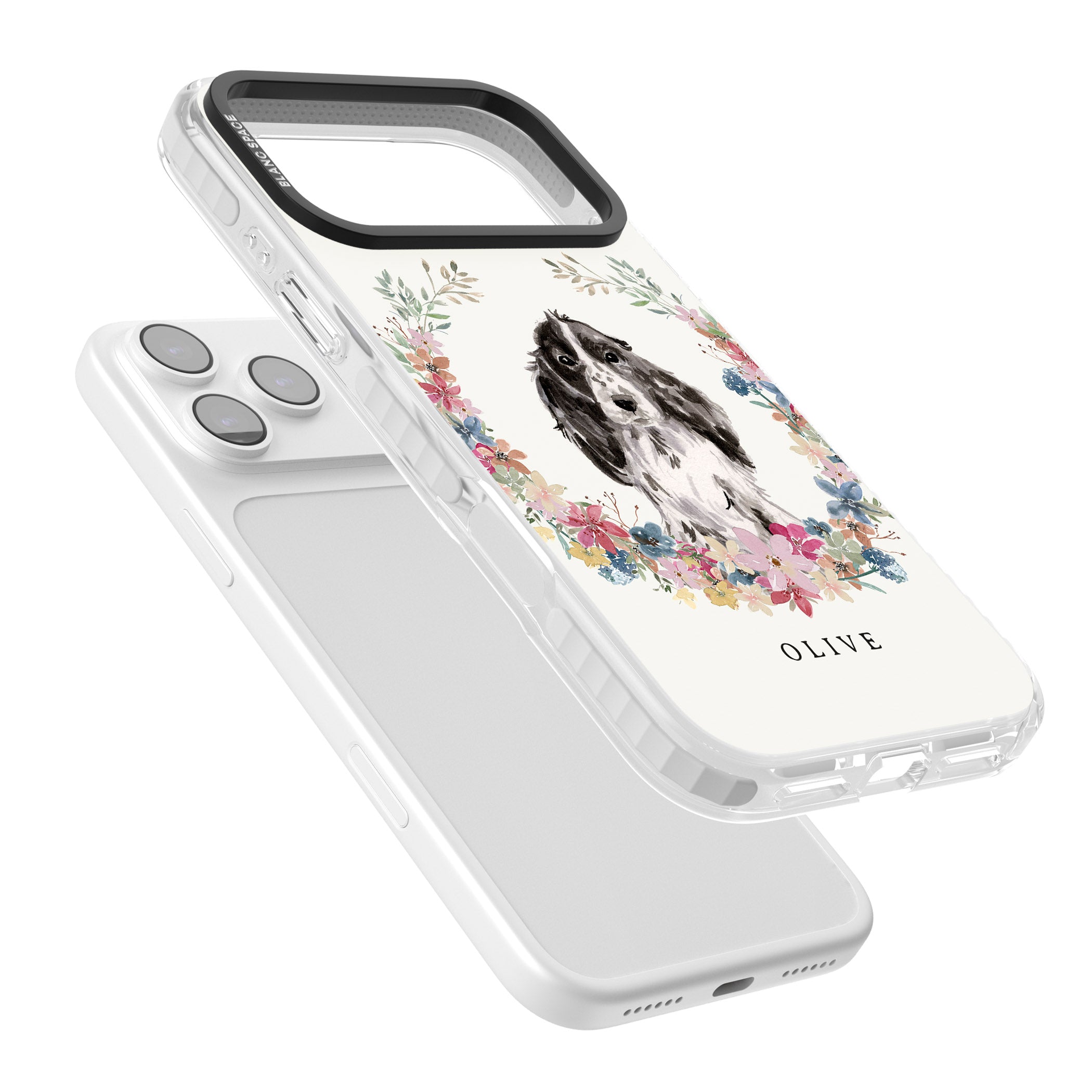 Personalised Black Cocker Spaniel Floral Portrait iPhone 17 Pro Impact Pro Clear Phone Case Colours