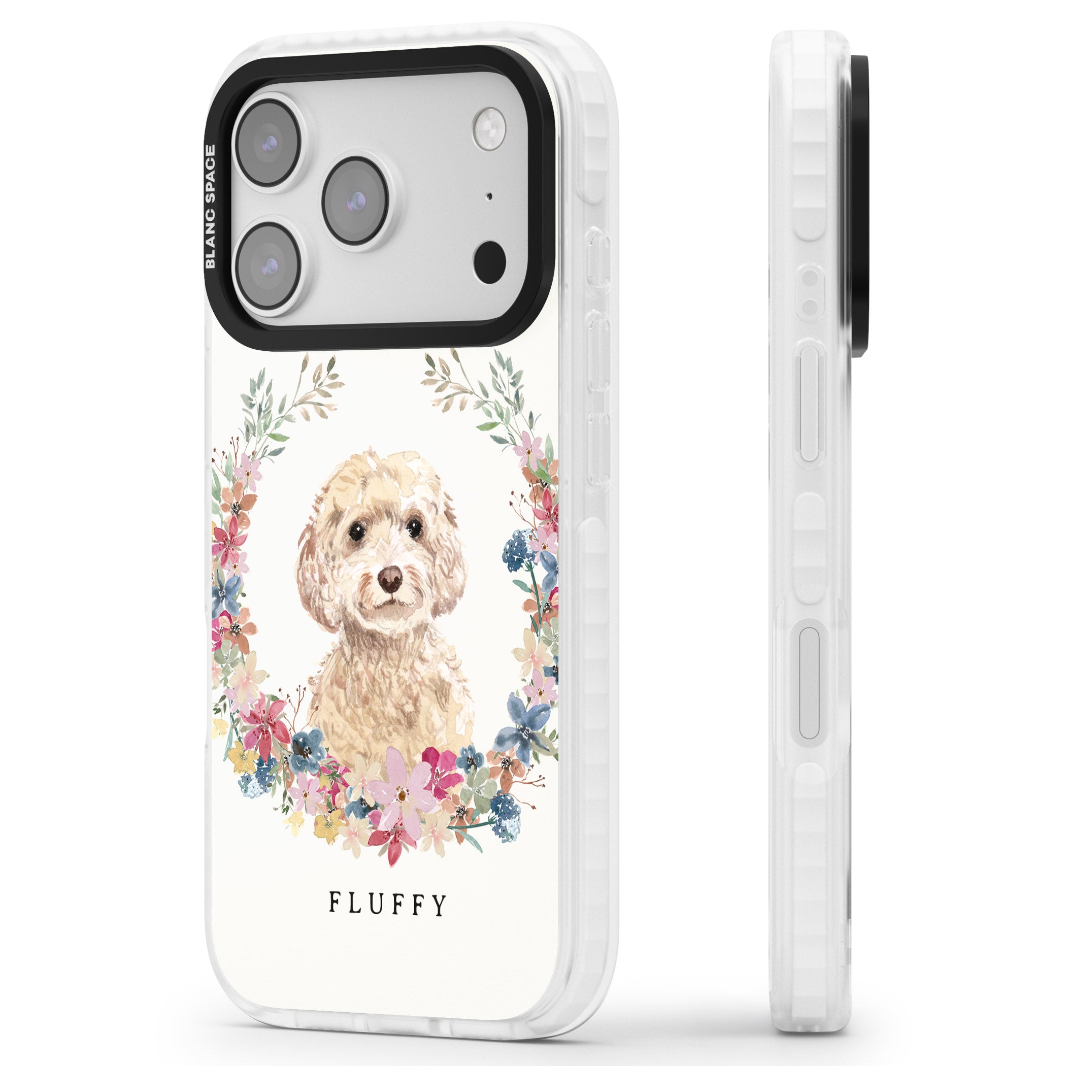 Personalised Champagne Cockapoo Floral Portrait iPhone 17 Pro Impact Pro Clear Phone Case Side Profile