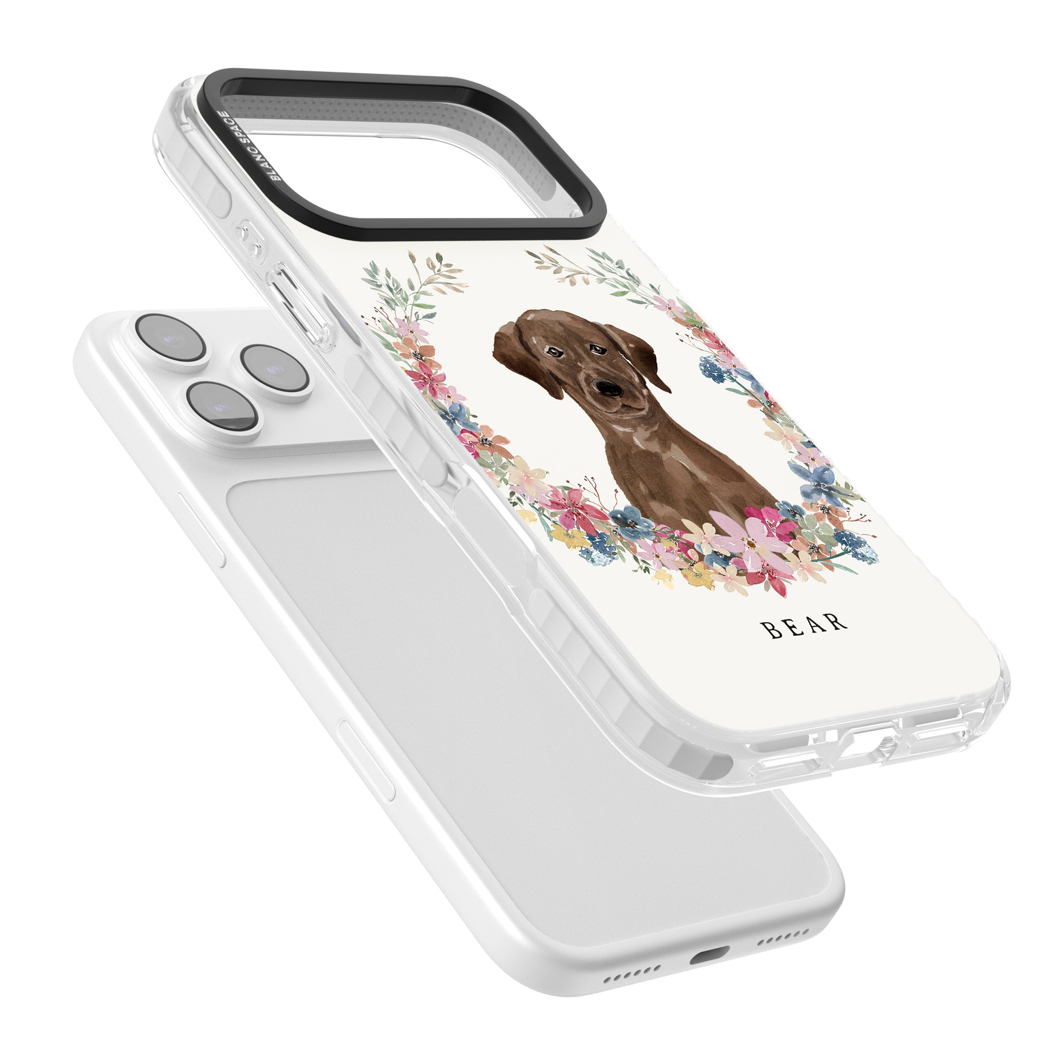 Personalised Chocolate Labrador Floral Portrait iPhone 17 Pro Impact Pro Clear Phone Case Colours