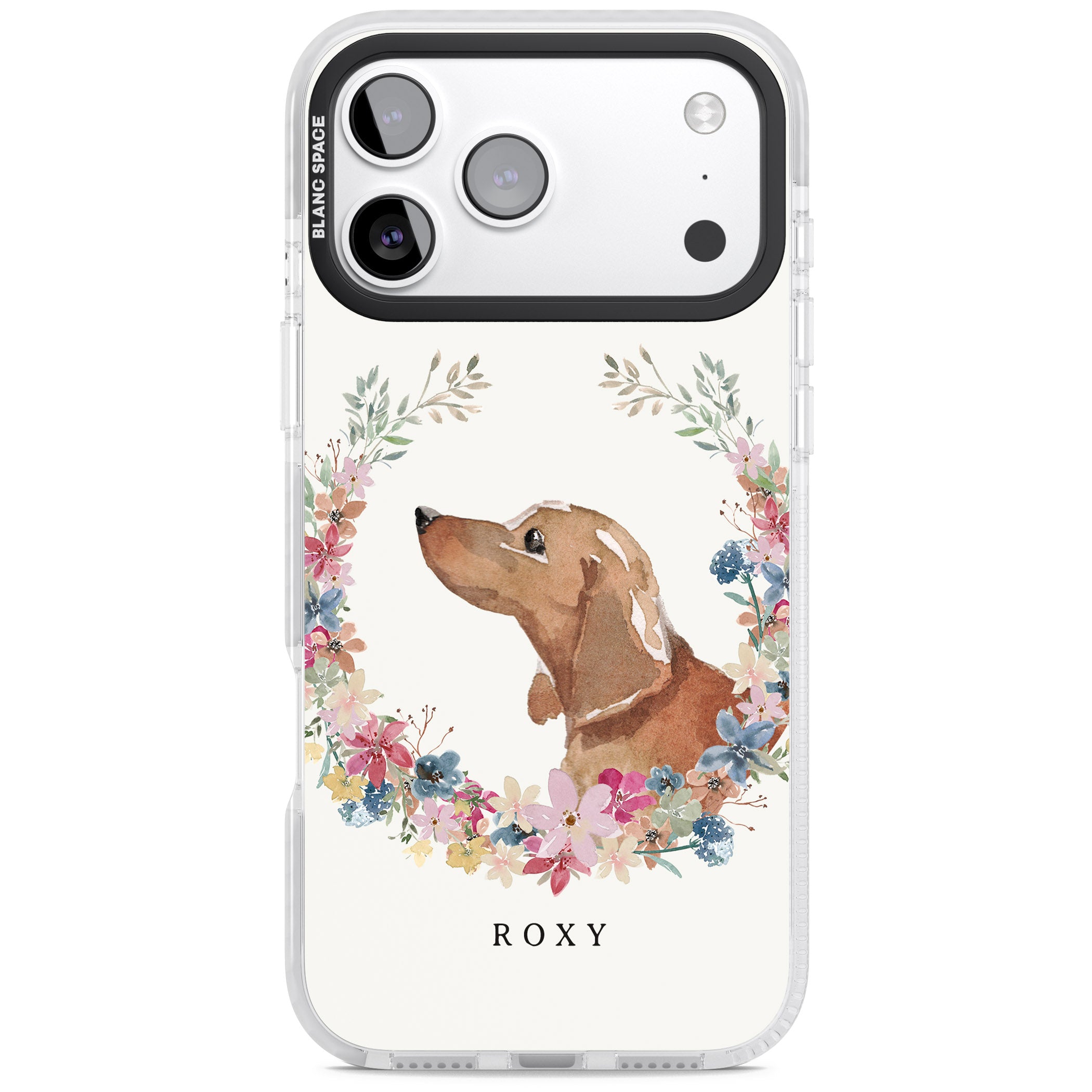 Personalised Tan Dachshund Floral Portrait iPhone 17 Pro Impact Pro Clear Phone Case