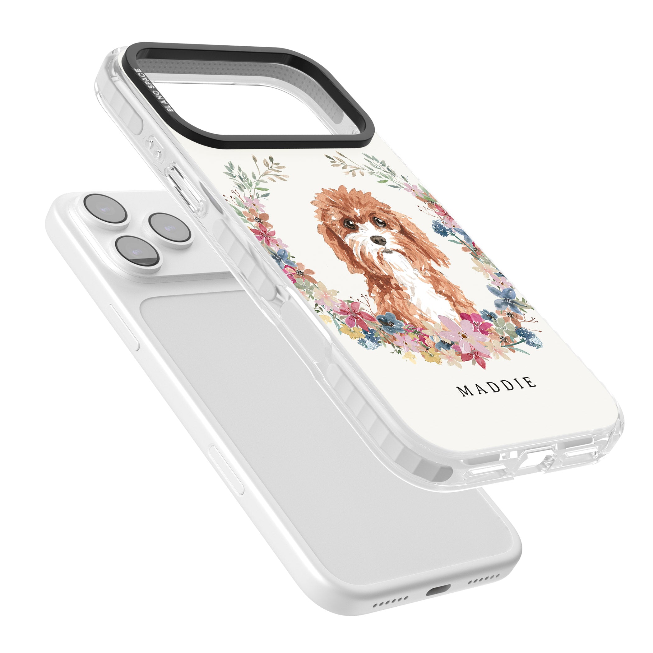 Personalised Cavapoo Floral Portrait iPhone 17 Pro Impact Pro Clear Phone Case Colours