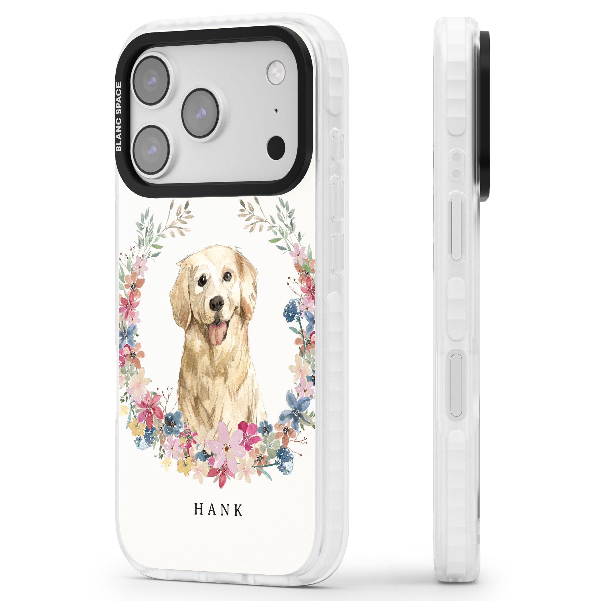 Personalised Golden Retriever Floral Portrait iPhone 17 Pro Impact Pro Clear Phone Case Side Profile