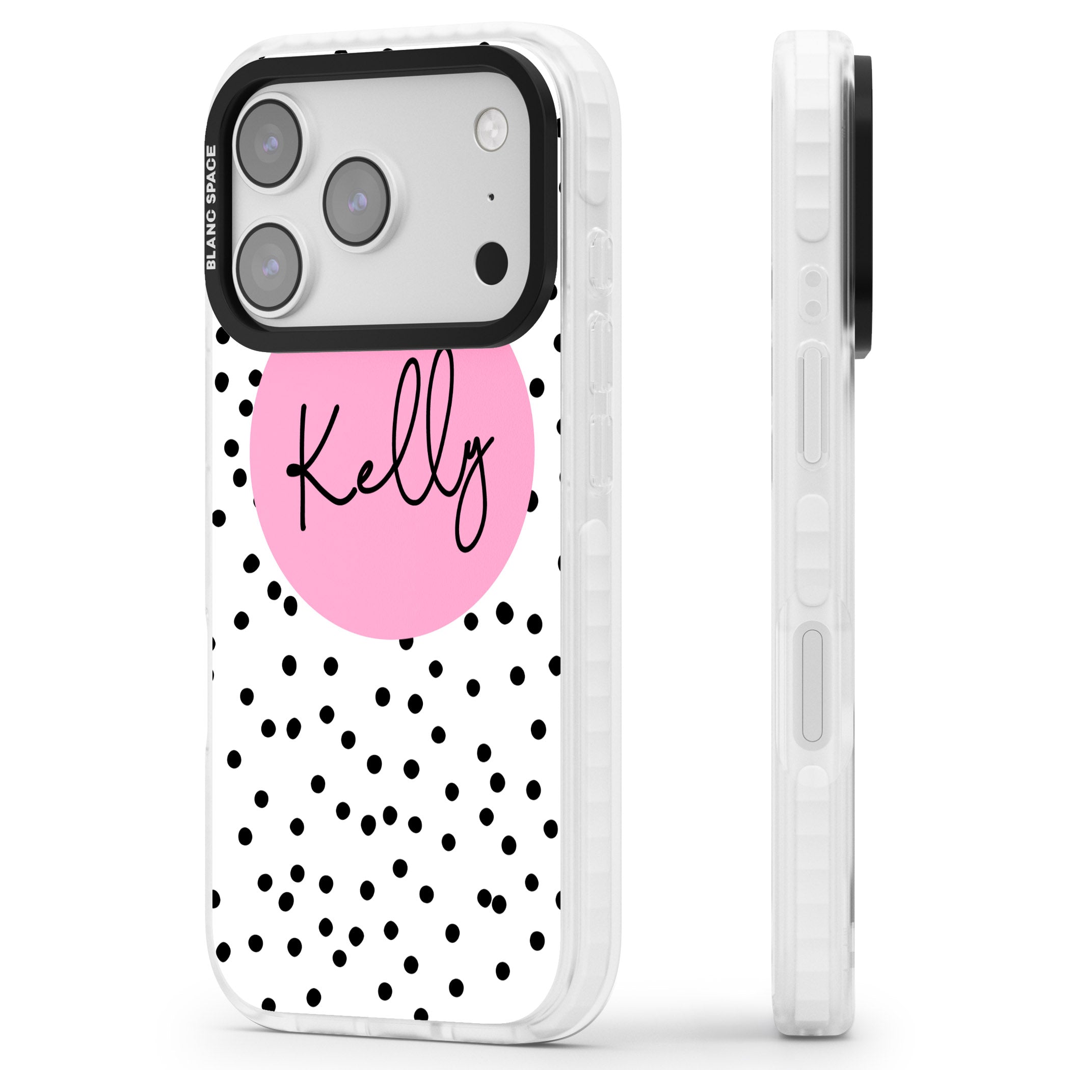 Personalised Pink Circle & Dots iPhone 17 Pro Impact Pro Clear Phone Case Side Profile