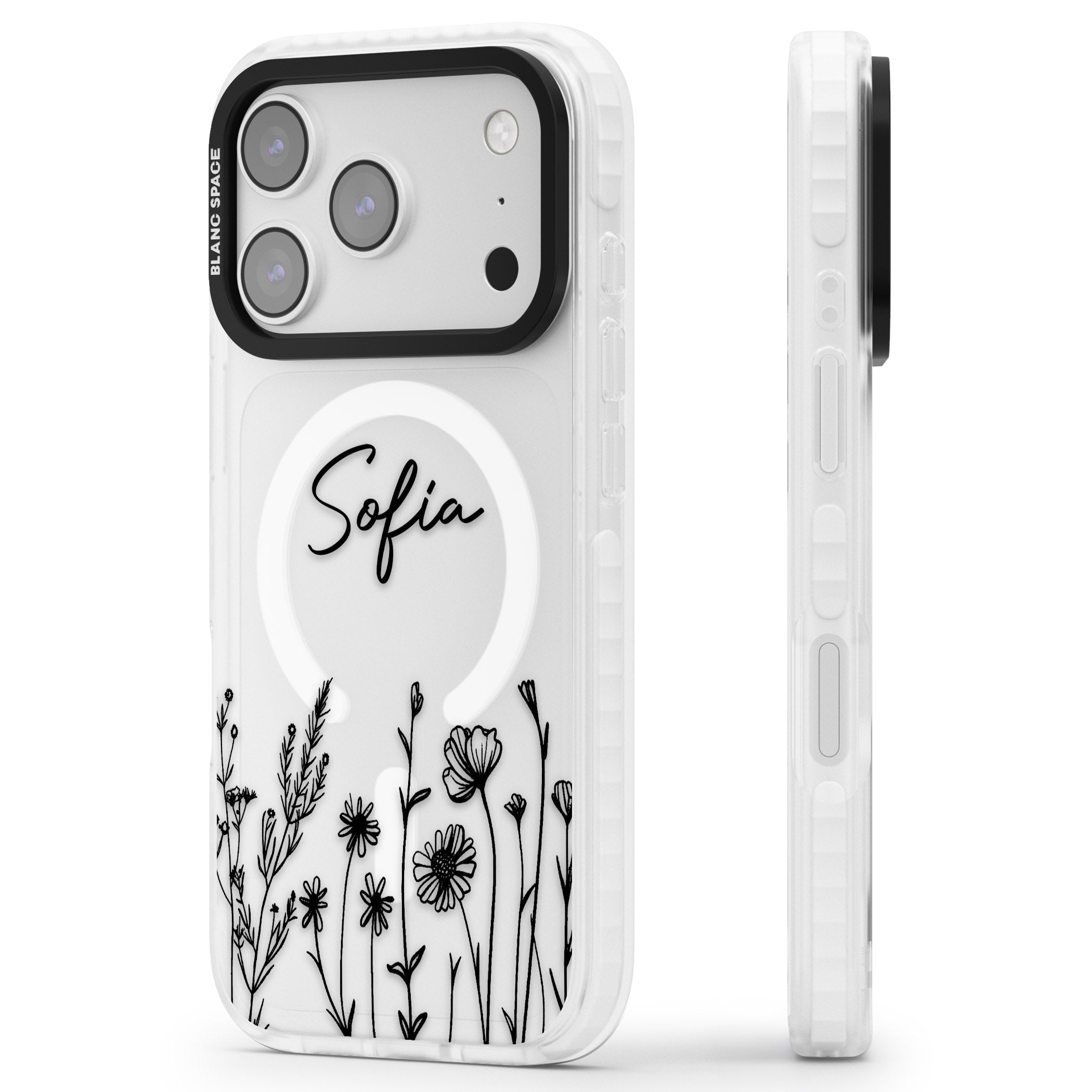 Personalised Black Wildflowers iPhone 17 Pro Impact Pro Clear Phone Case Side Profile