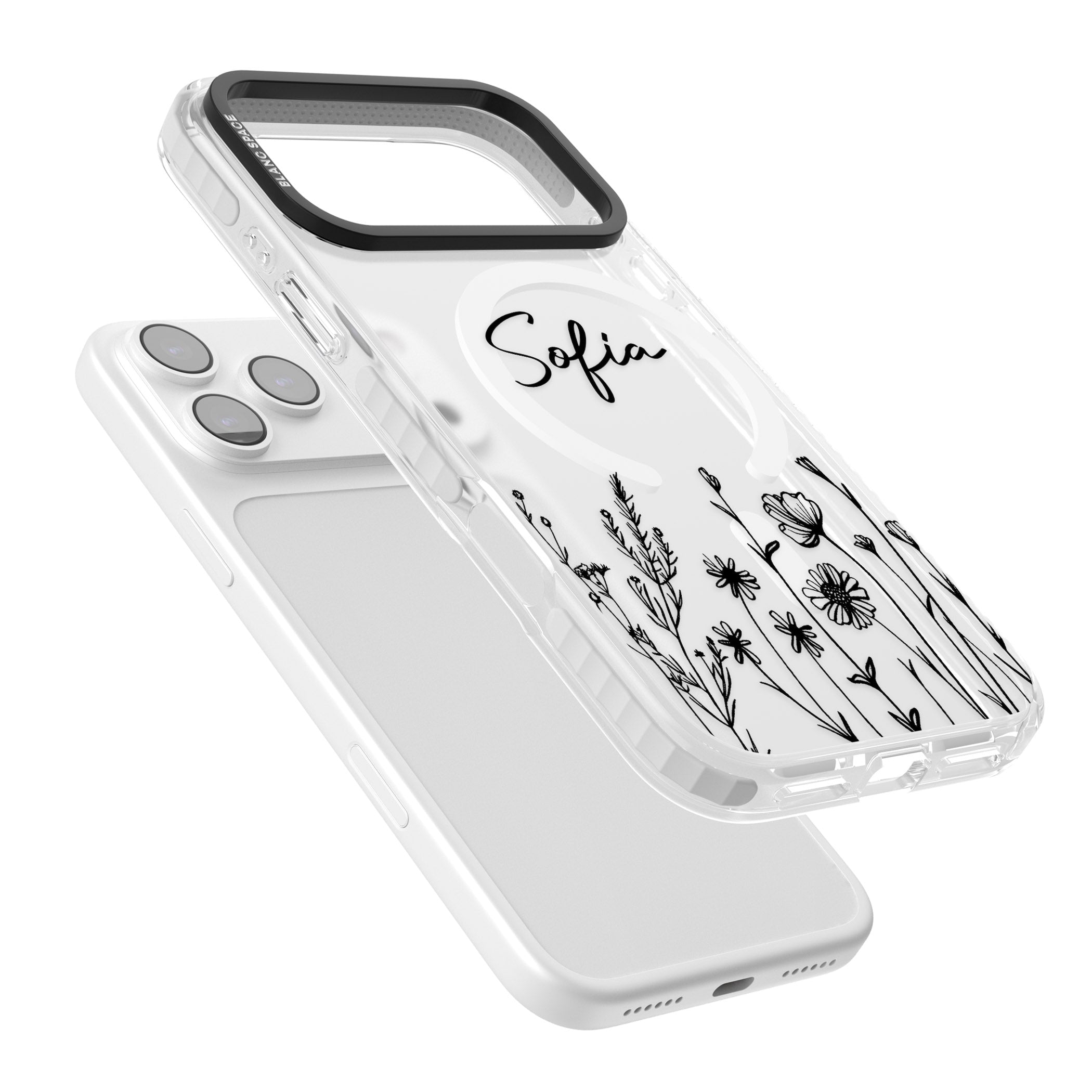 Personalised Black Wildflowers iPhone 17 Pro Impact Pro Clear Phone Case Colours