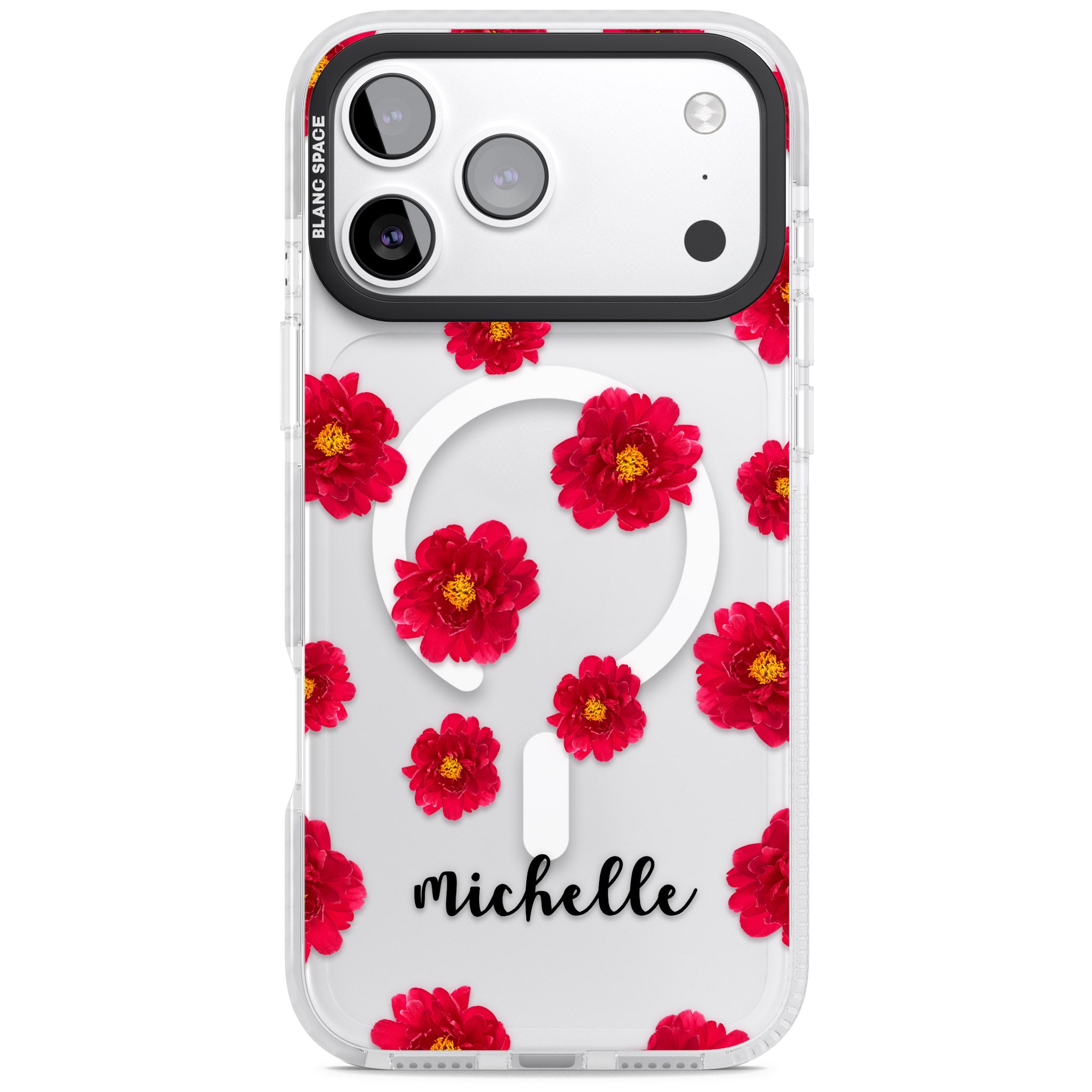 Personalised Red Peonies & Cursive iPhone 17 Pro Impact Pro Clear Phone Case
