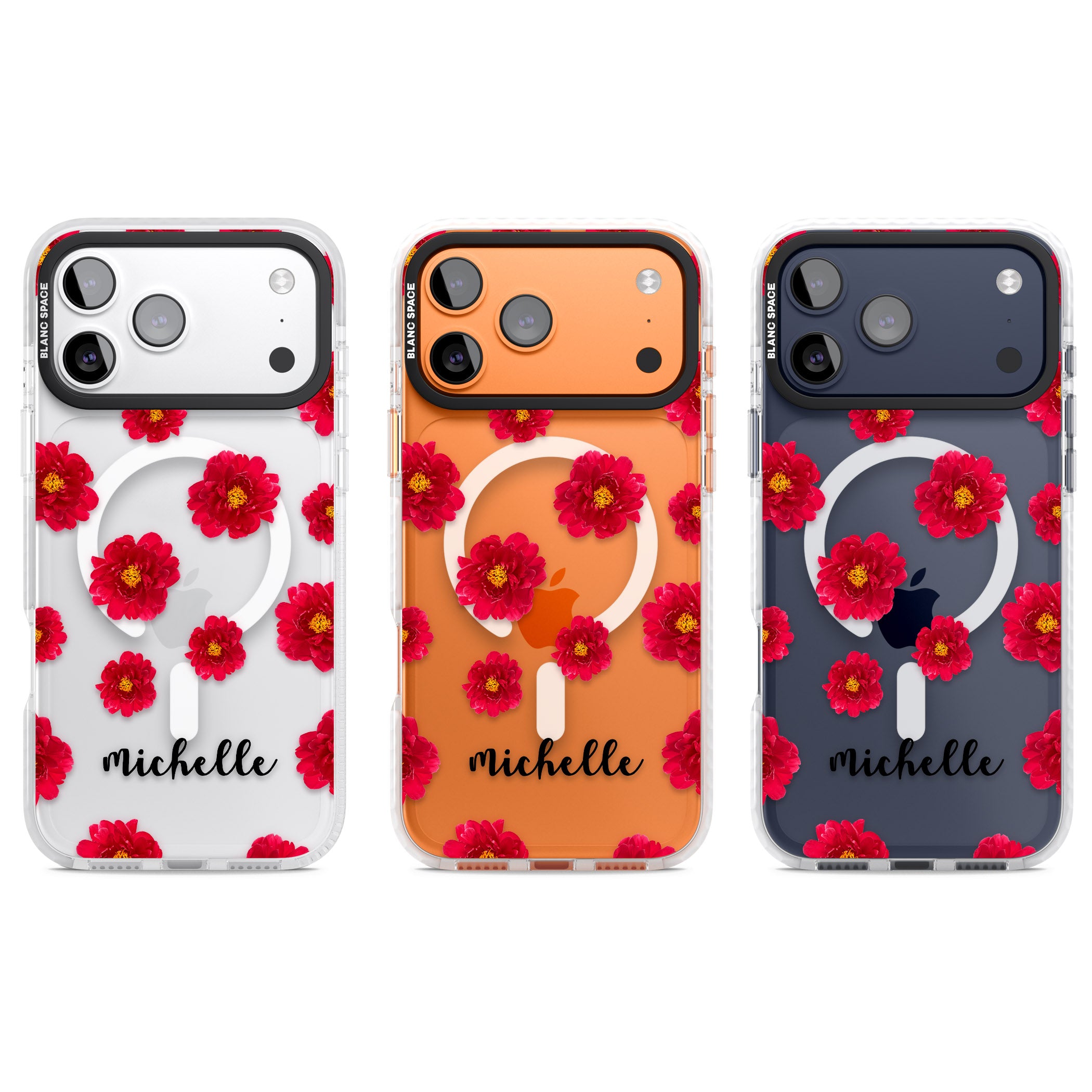 Personalised Red Peonies & Cursive iPhone 17 Pro Impact Pro Clear Phone Case APT Impact Protection