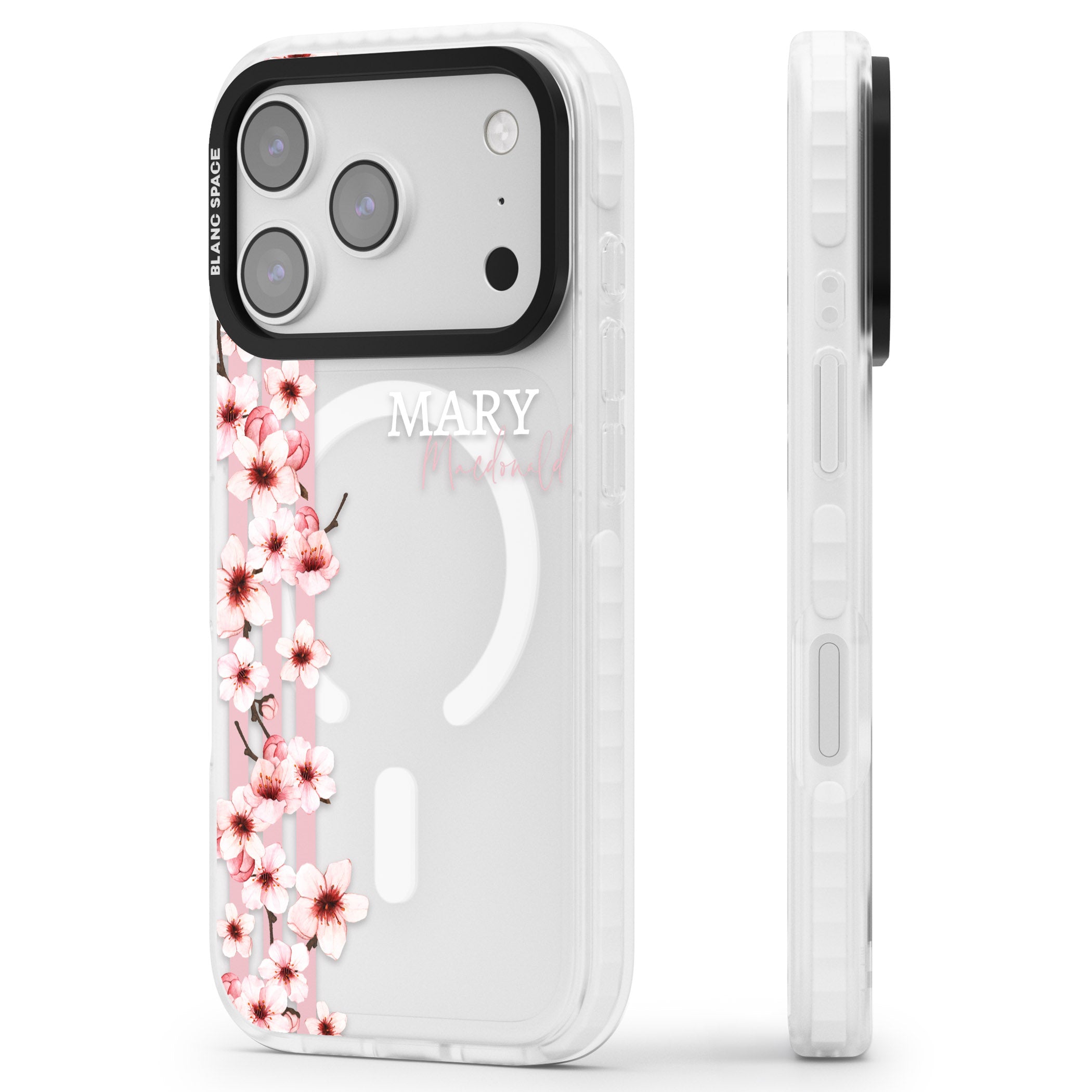 Personalised Cherry Blossom Stripes iPhone 17 Pro Impact Pro Clear Phone Case Side Profile