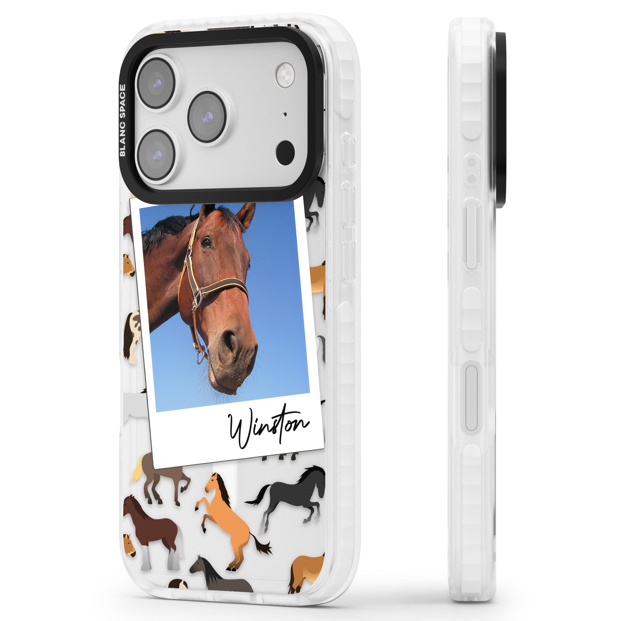 Personalised Horse Polaroid iPhone 17 Pro Impact Pro Clear Phone Case Side Profile