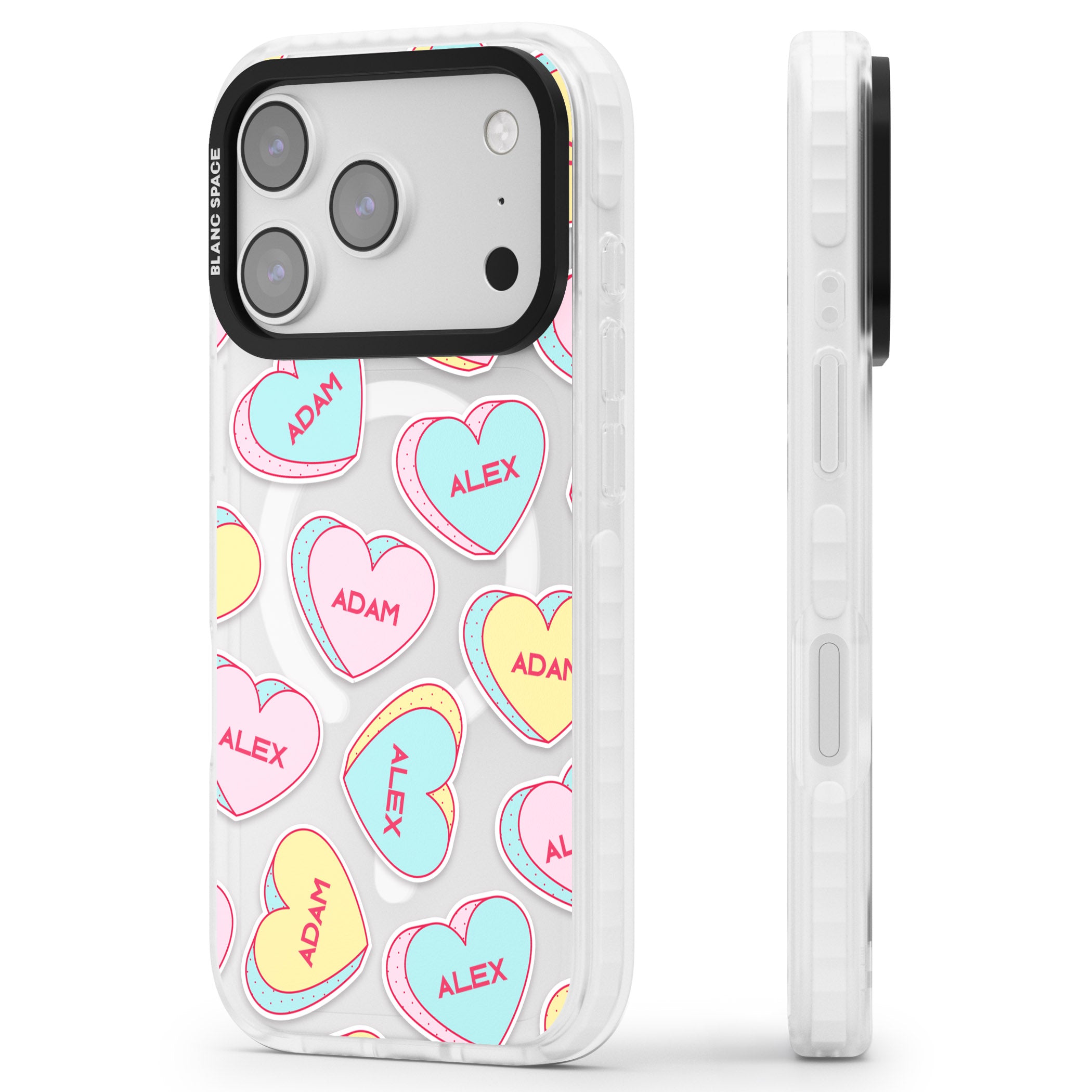 Personalised Love Hearts iPhone 17 Pro Impact Pro Clear Phone Case Side Profile
