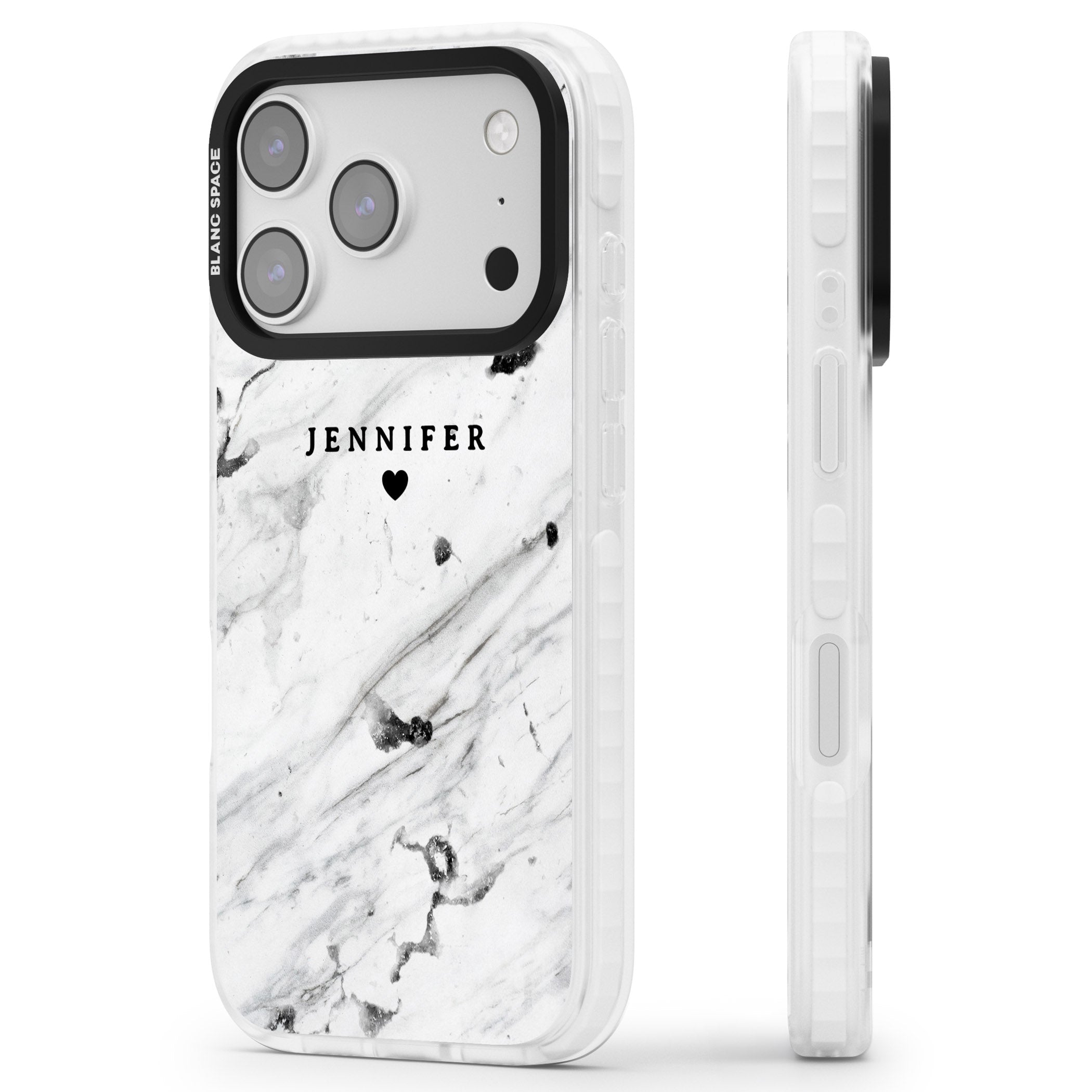 Personalised Marble Heart iPhone 17 Pro Impact Pro Clear Phone Case Side Profile