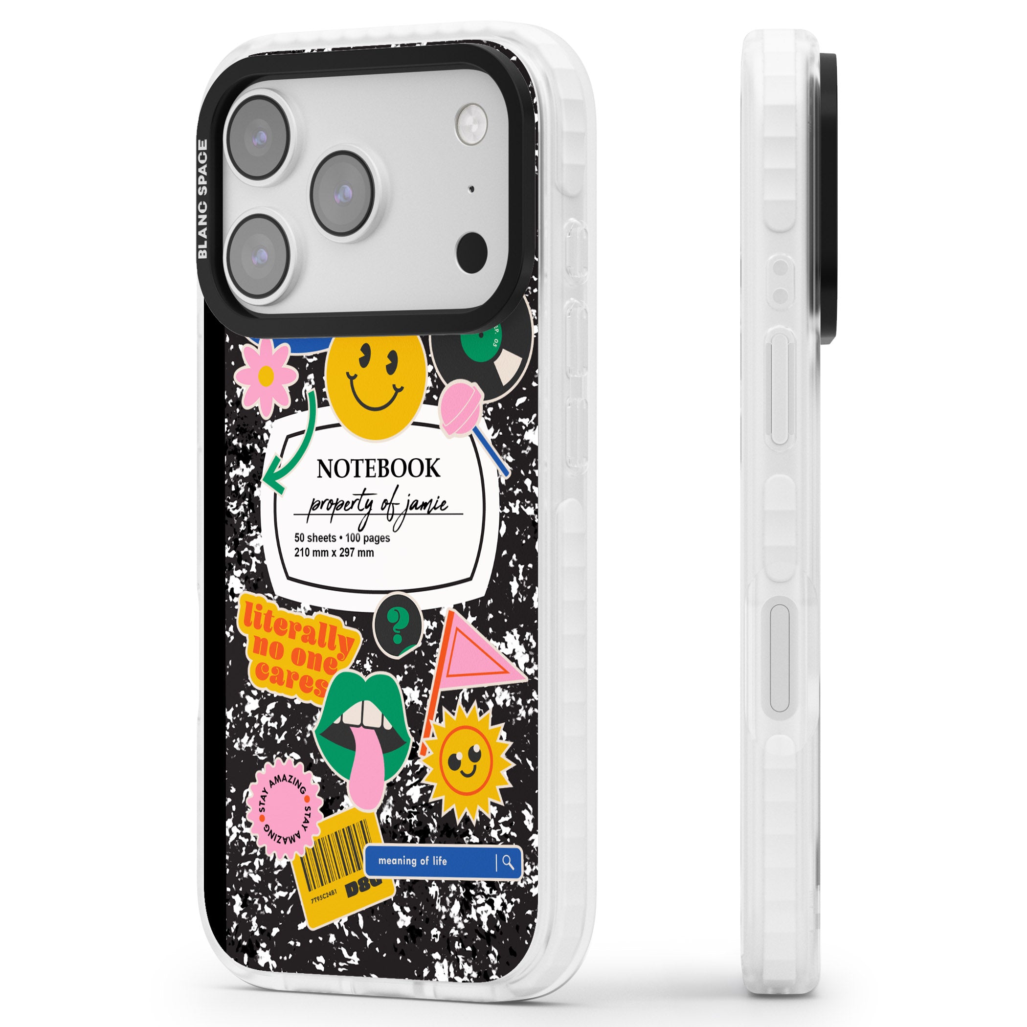 Personalised Quirky Notebook iPhone 17 Pro Impact Pro Clear Phone Case Side Profile