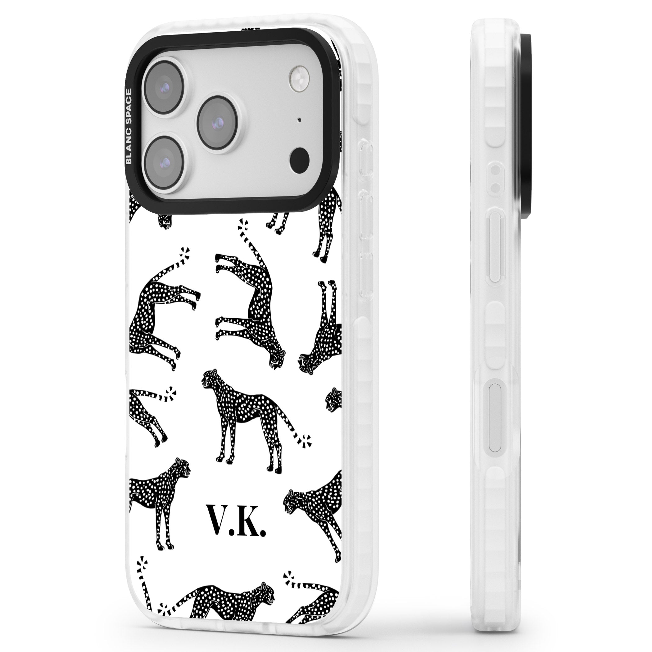 Personalised Black & White Cheetah Pattern iPhone 17 Pro Impact Pro Clear Phone Case Side Profile