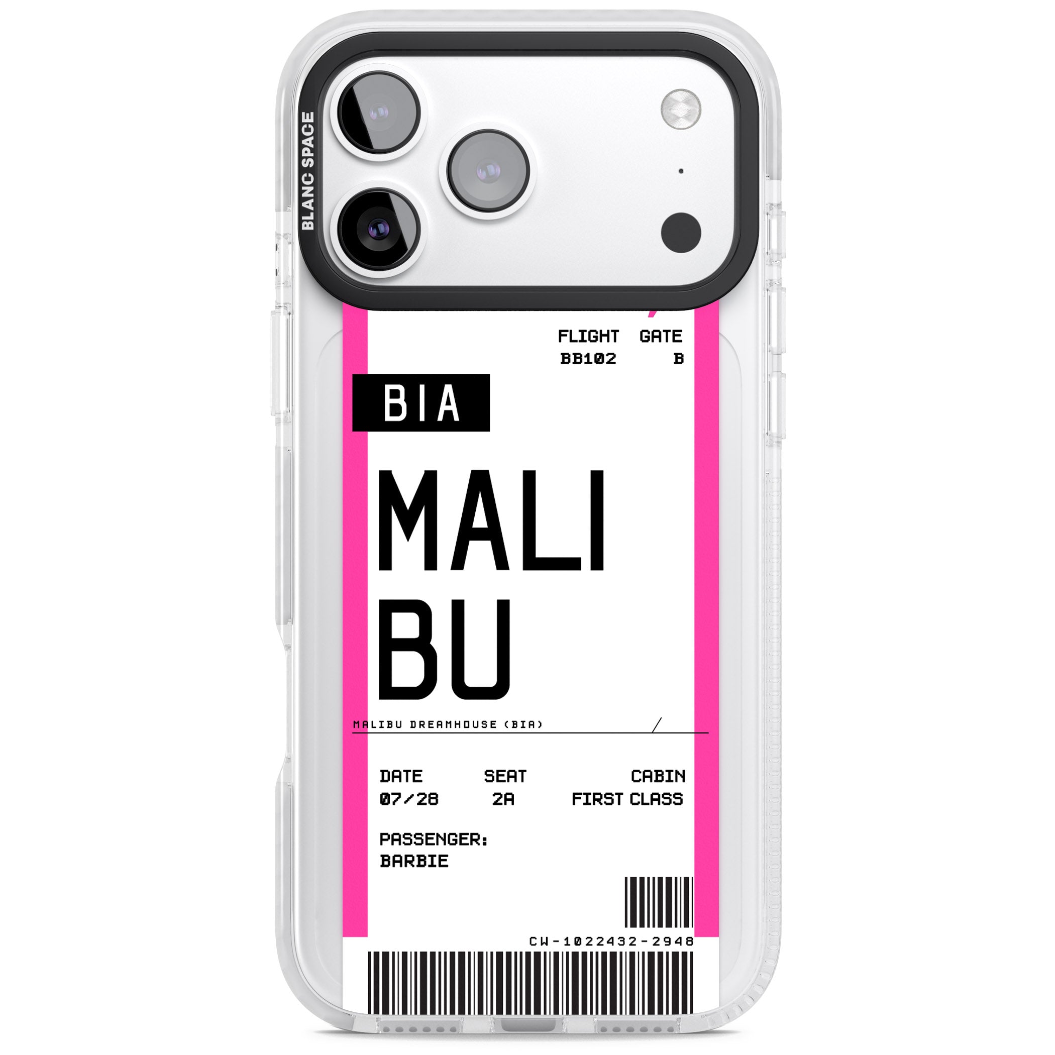 Personalised Pink Malibu Boarding Pass iPhone 17 Pro Impact Pro Clear Phone Case