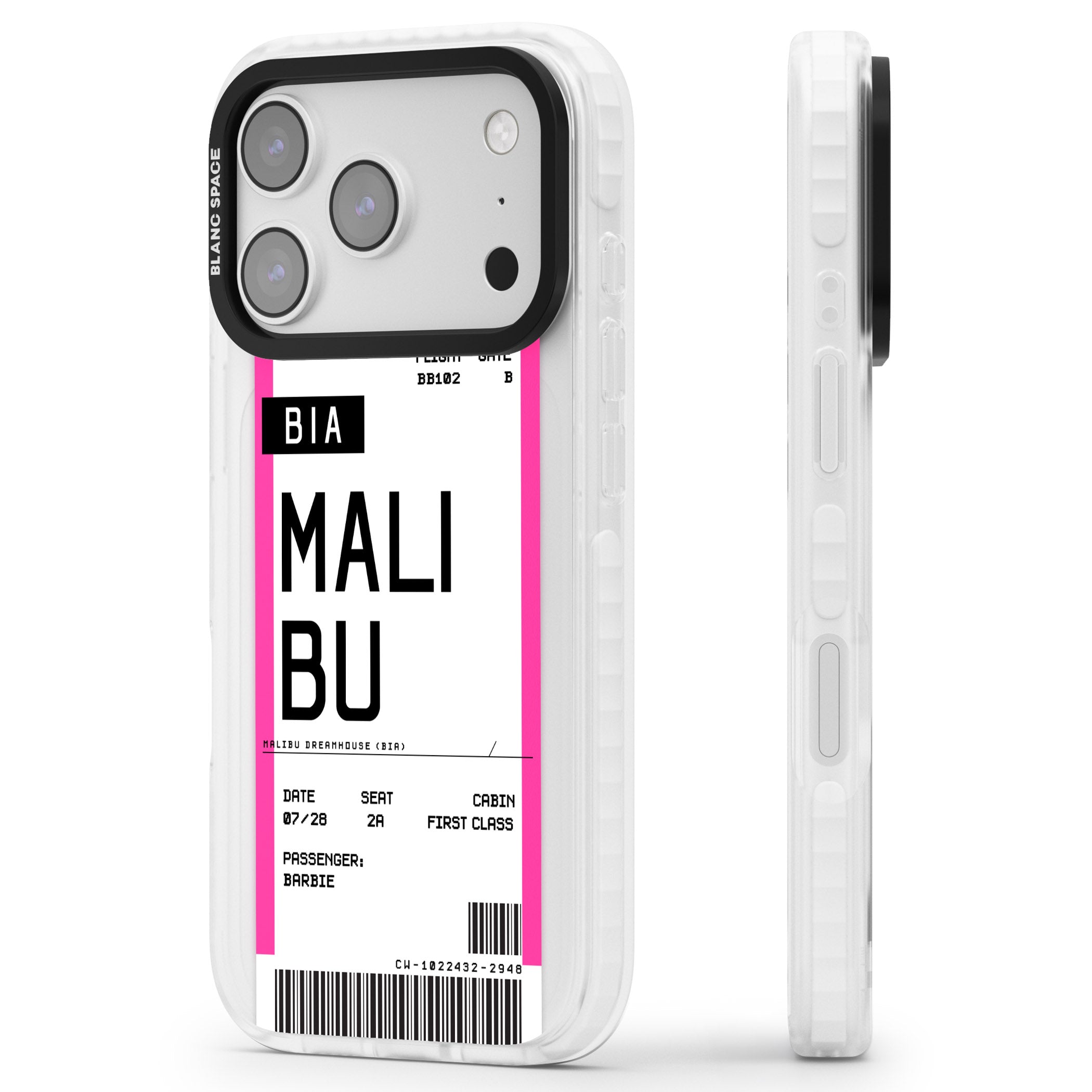 Personalised Pink Malibu Boarding Pass iPhone 17 Pro Impact Pro Clear Phone Case Side Profile