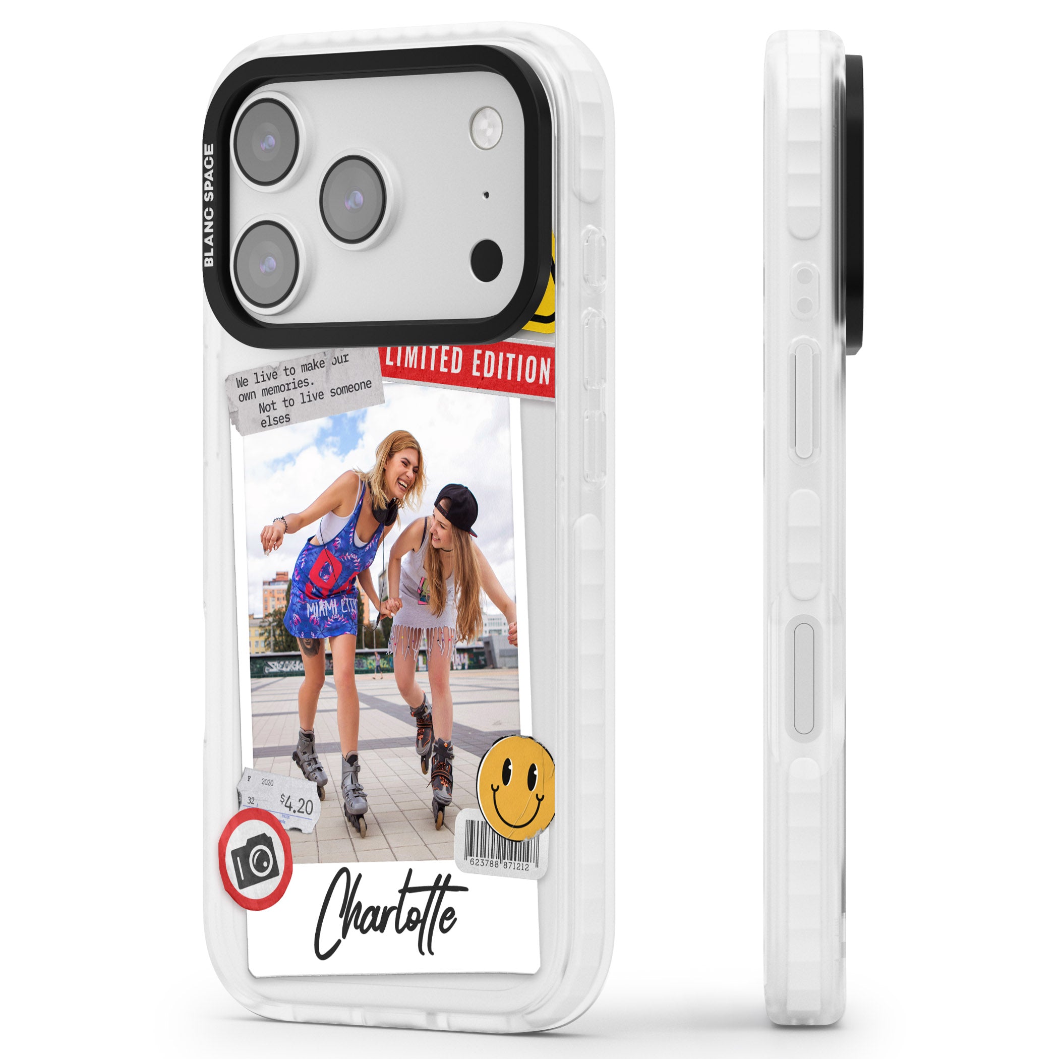 Personalised Sticker Mix Instant Photo iPhone 17 Pro Impact Pro Clear Phone Case Side Profile