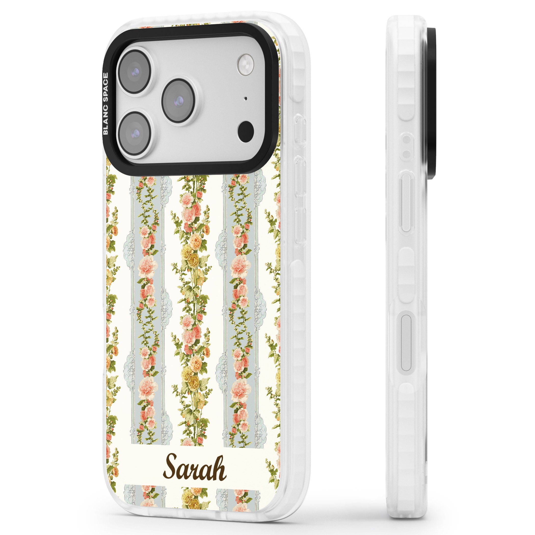 Personalised Vintage Floral Stripes iPhone 17 Pro Impact Pro Clear Phone Case Side Profile