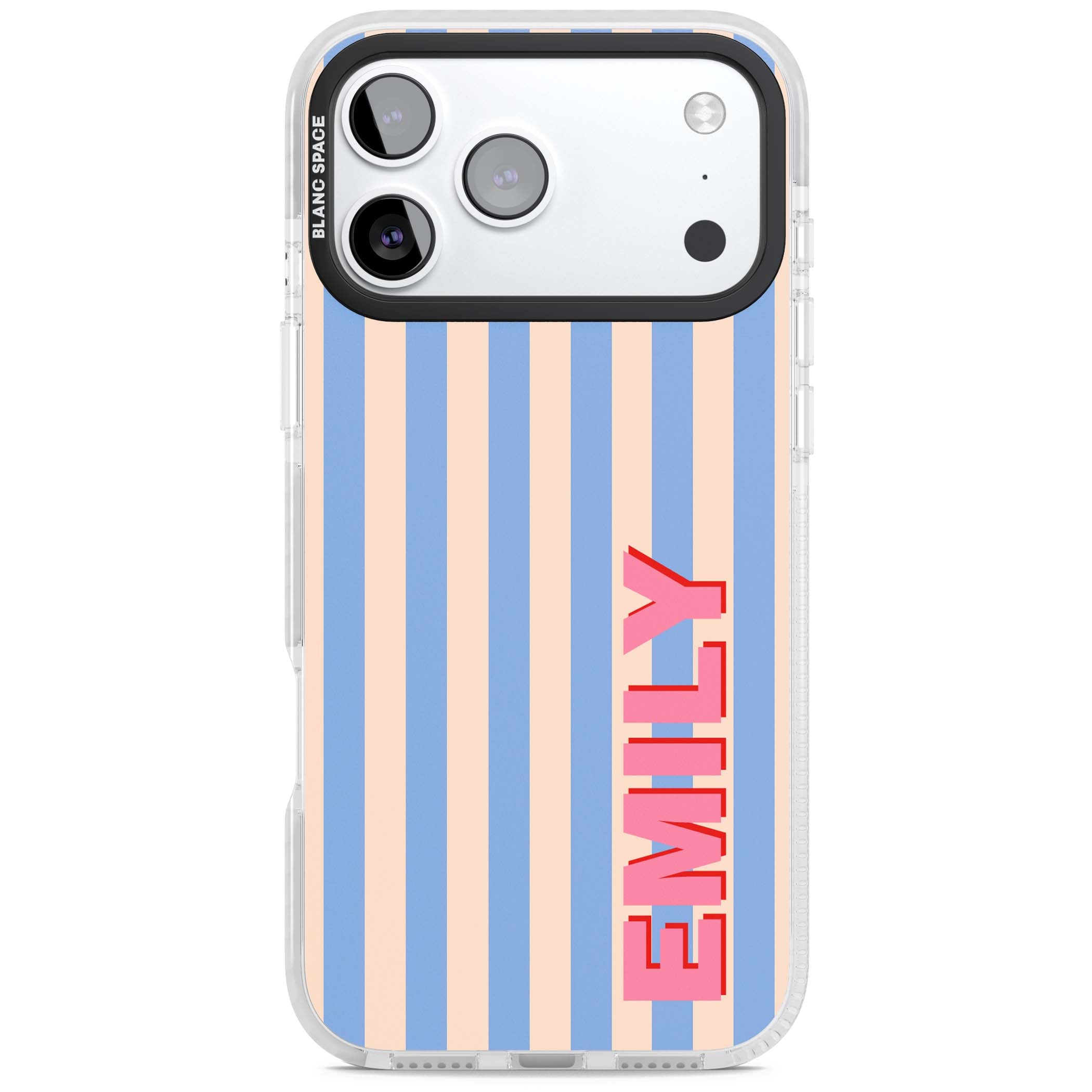 Coastal Stripe personalised coastal iPhone case with blue and peach vertical stripes and custom pink name | Impact Magsafe case for iPhone 17 Pro, iPhone 17 Pro Max