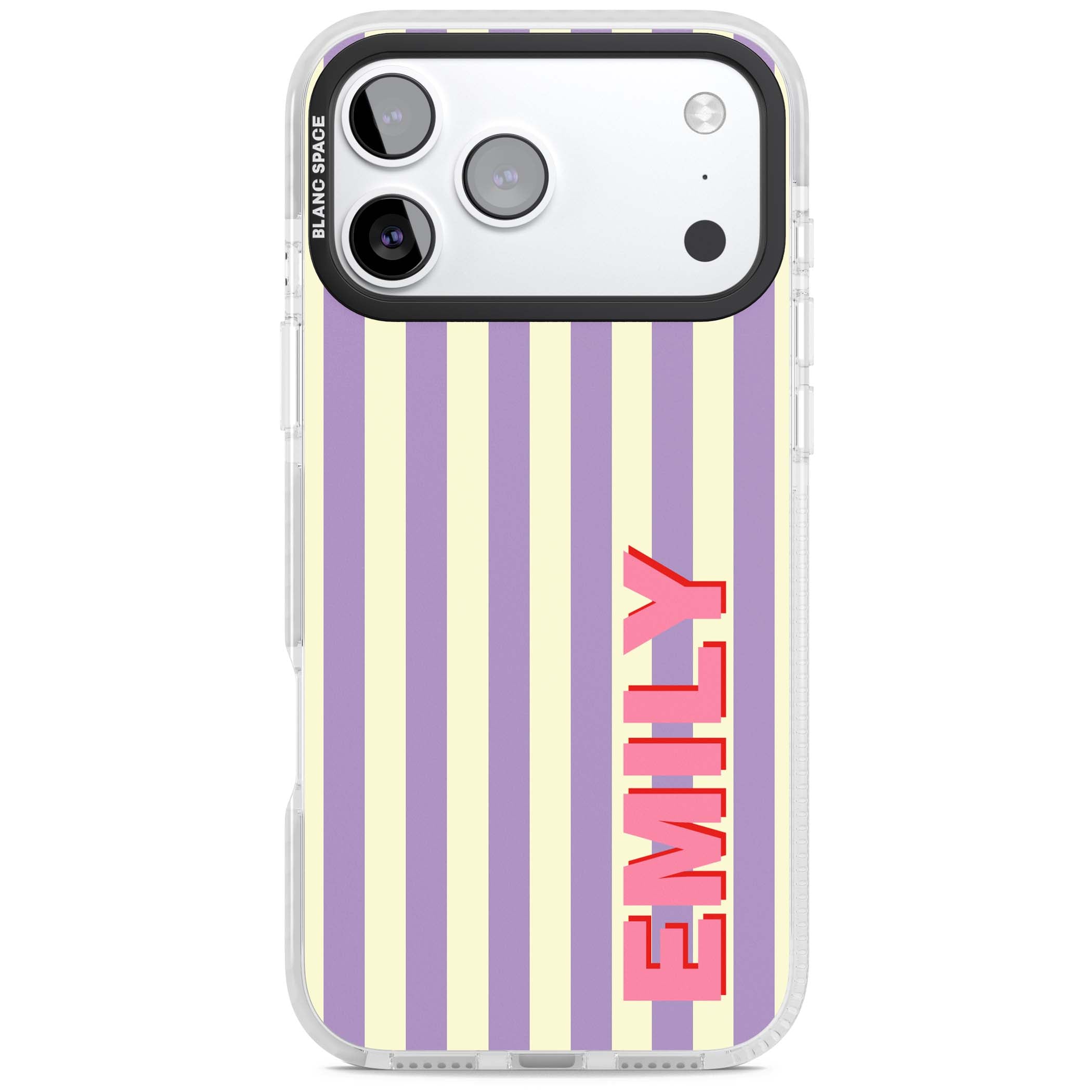 Valensole Stripe personalised iPhone case with purple and cream vertical stripes and pink custom name | Impact Magsafe case for iPhone 17 Pro, iPhone 17 Pro Max