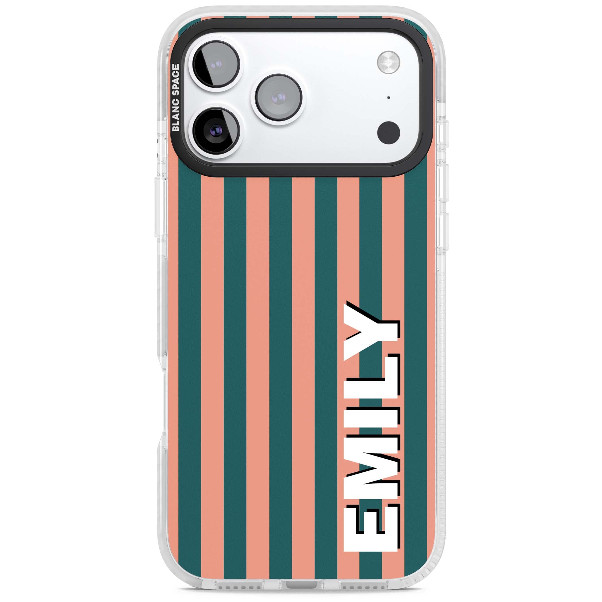 Tuscan Stripe personalised iPhone case featuring coral and green vertical stripes with bold custom name | Impact Magsafe case for iPhone 17 Pro, iPhone 17 Pro Max