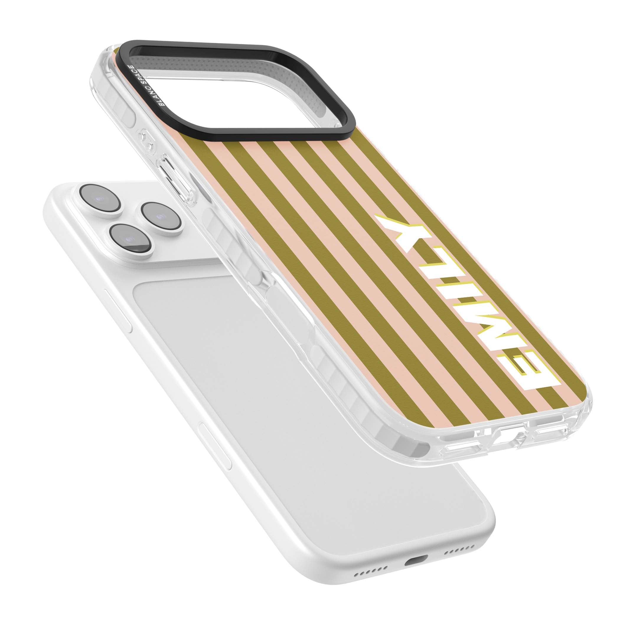 Indian Stripe personalised iPhone case featuring olive green and blush pink vertical stripes with custom name in whit | Impact Magsafe case for iPhone 17 Pro, iPhone 17 Pro Max