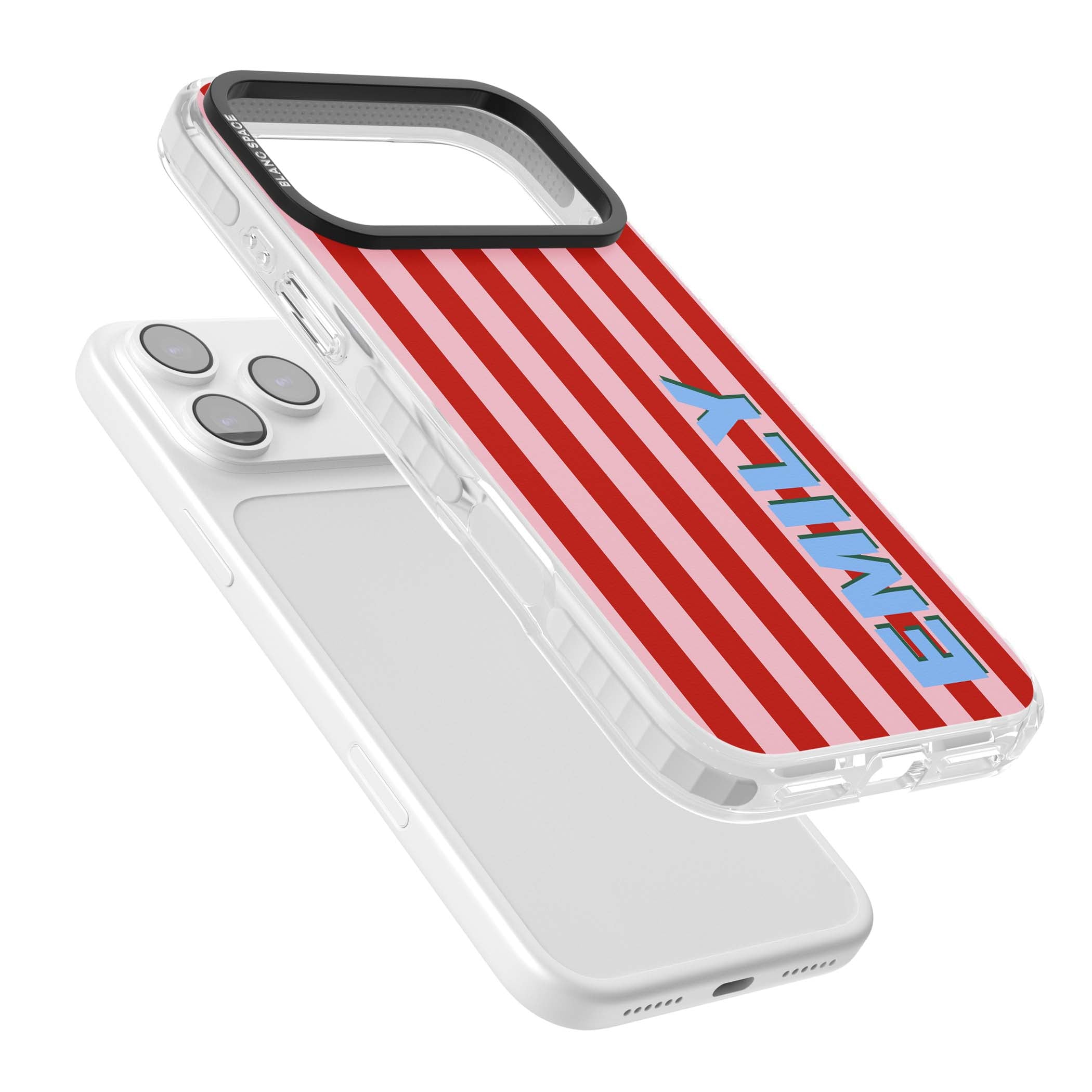 Market Stripe personalised iPhone case with red and pink vertical stripes and custom blue name | Impact Magsafe case for iPhone 17 Pro, iPhone 17 Pro Max