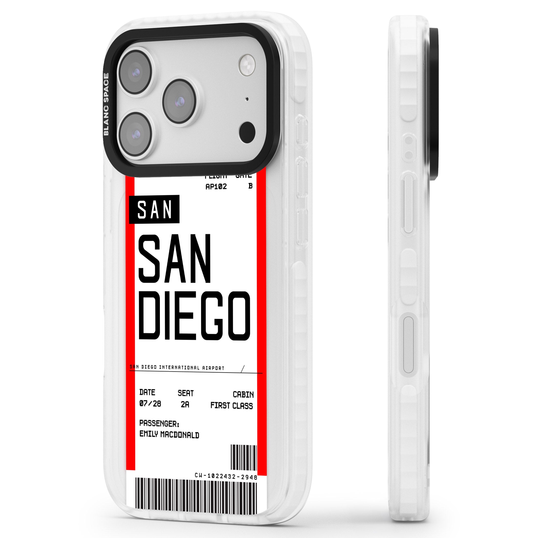 Personalised San Diego Boarding Pass iPhone 17 Pro Impact Pro Clear Phone Case Side Profile
