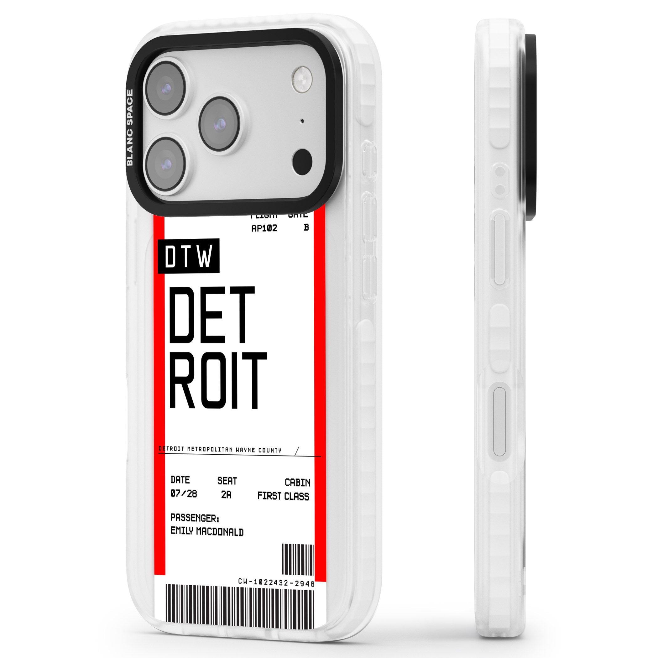 Personalised Detroit Boarding Pass iPhone 17 Pro Impact Pro Clear Phone Case Side Profile