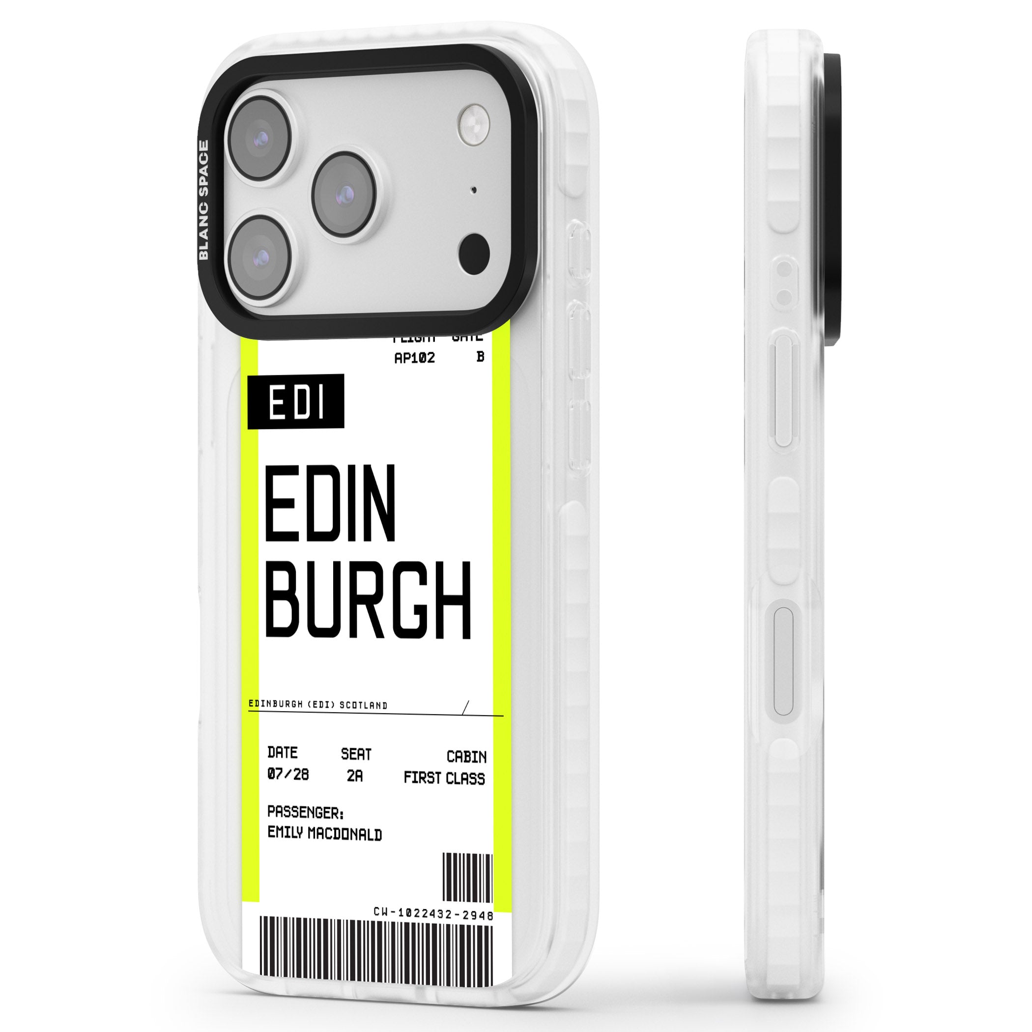 Personalised Edinburgh Boarding Pass iPhone 17 Pro Impact Pro Clear Phone Case Side Profile