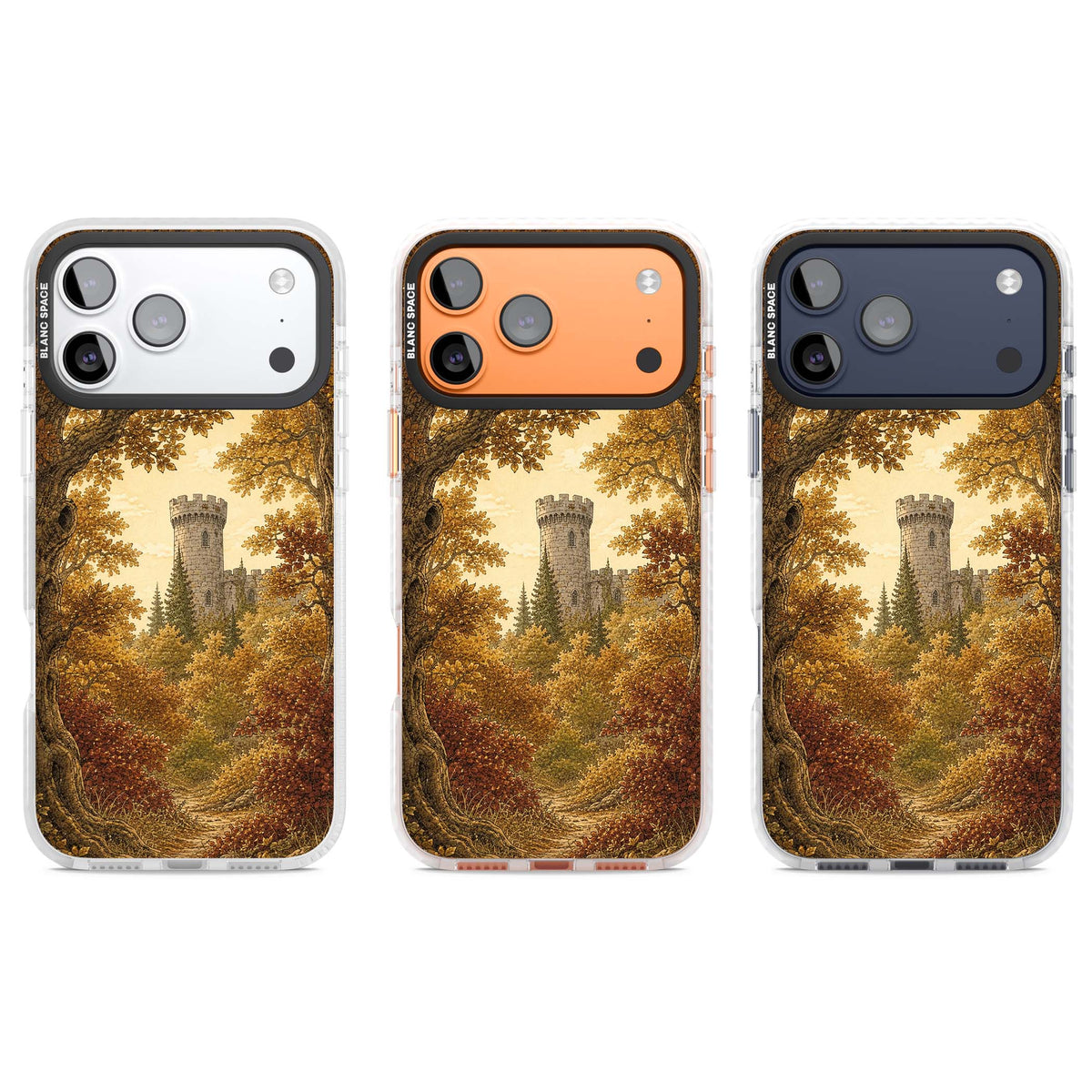 Autumn Keep cottagecore iPhone case featuring a medieval castle tower framed by golden autumn trees and woodland foliage | Impact Magsafe case for iPhone 17 Pro, iPhone 17 Pro Max